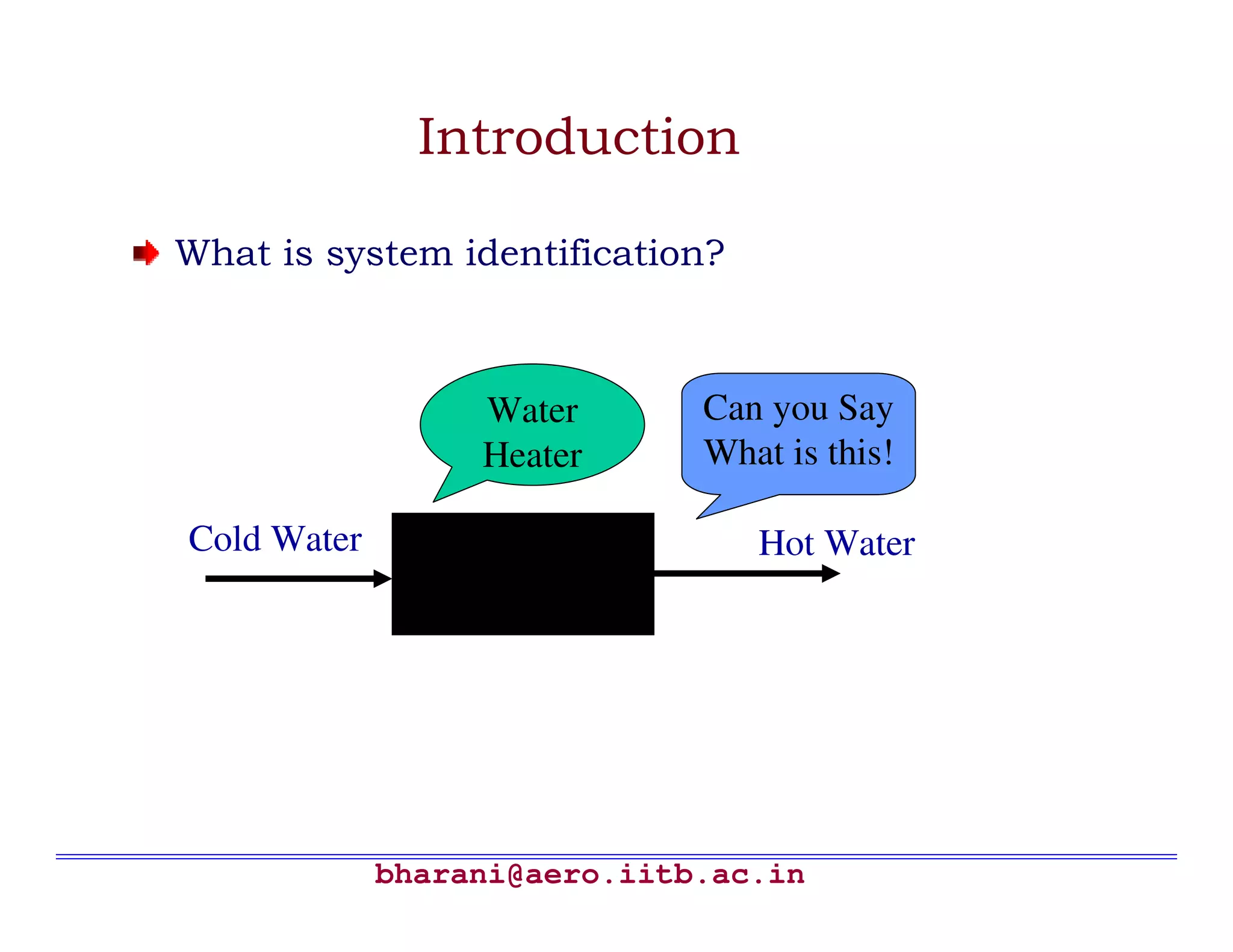 Introduction

What is system identification?



                  Water       Can you Say
                  Heater      What is this!

Cold Water                       Hot Water




             bharani@aero.iitb.ac.in
 