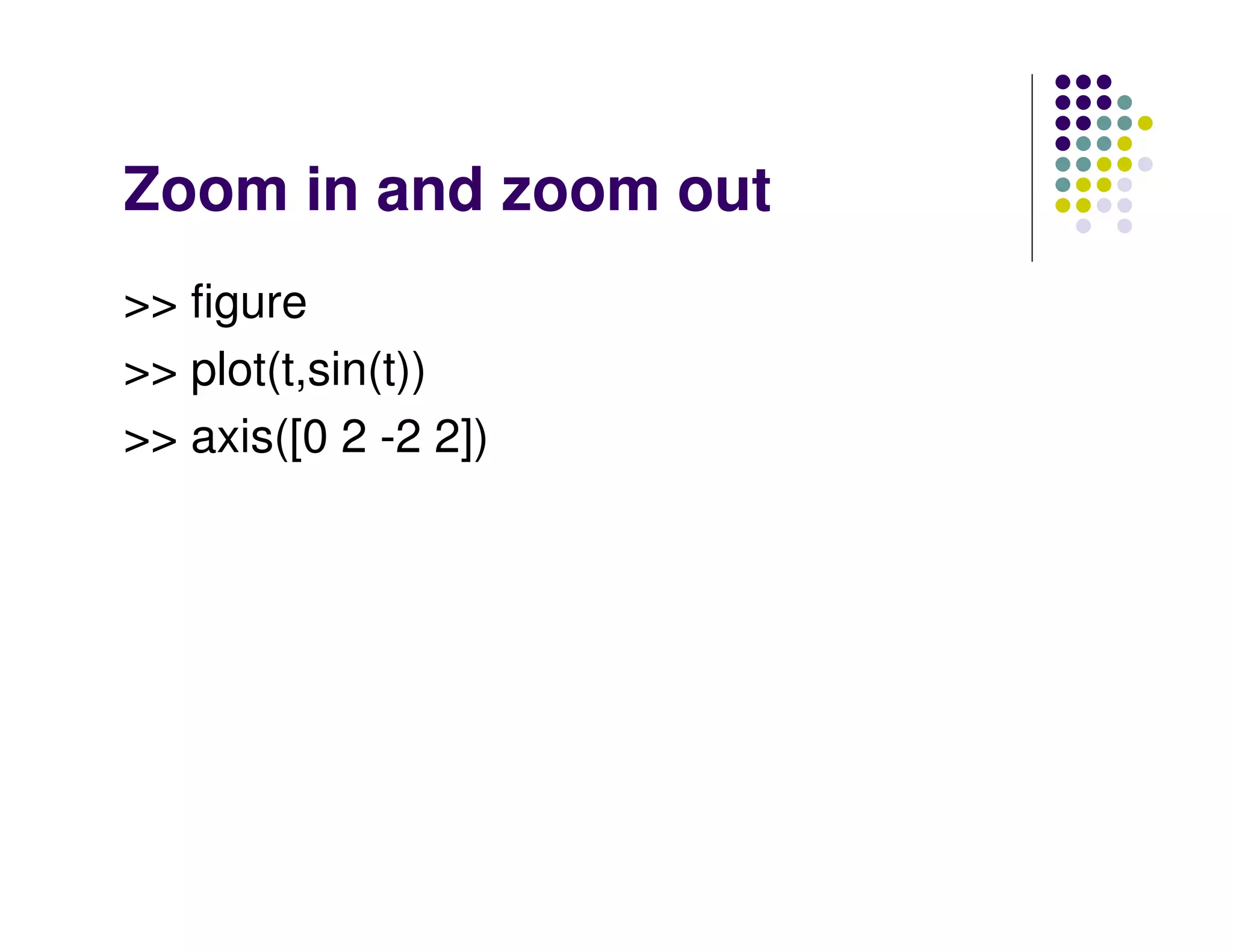 Zoom in and zoom out
>> figure
>> plot(t,sin(t))
>> axis([0 2 -2 2])
 