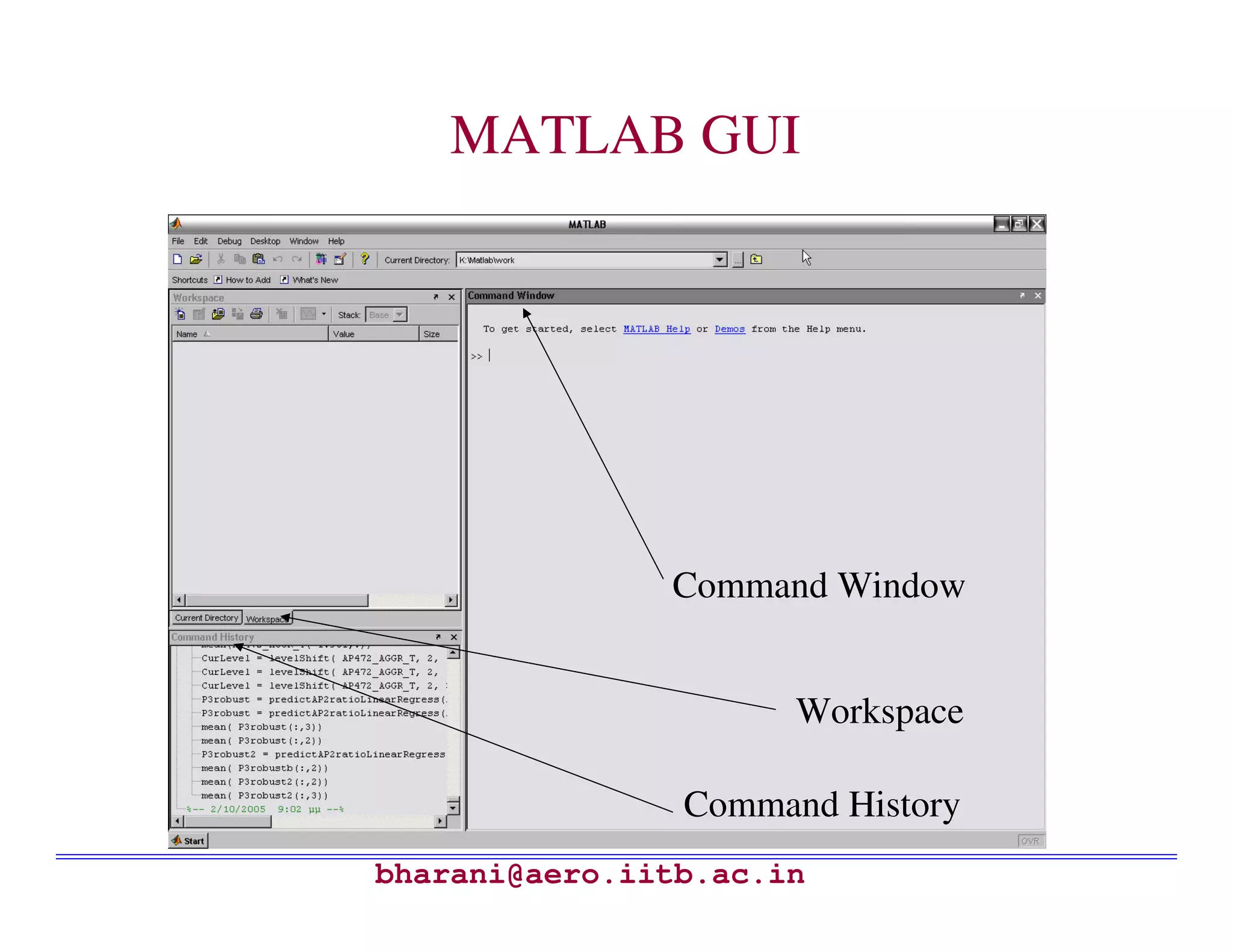MATLAB GUI




               Command Window


                      Workspace

                Command History
bharani@aero.iitb.ac.in
 