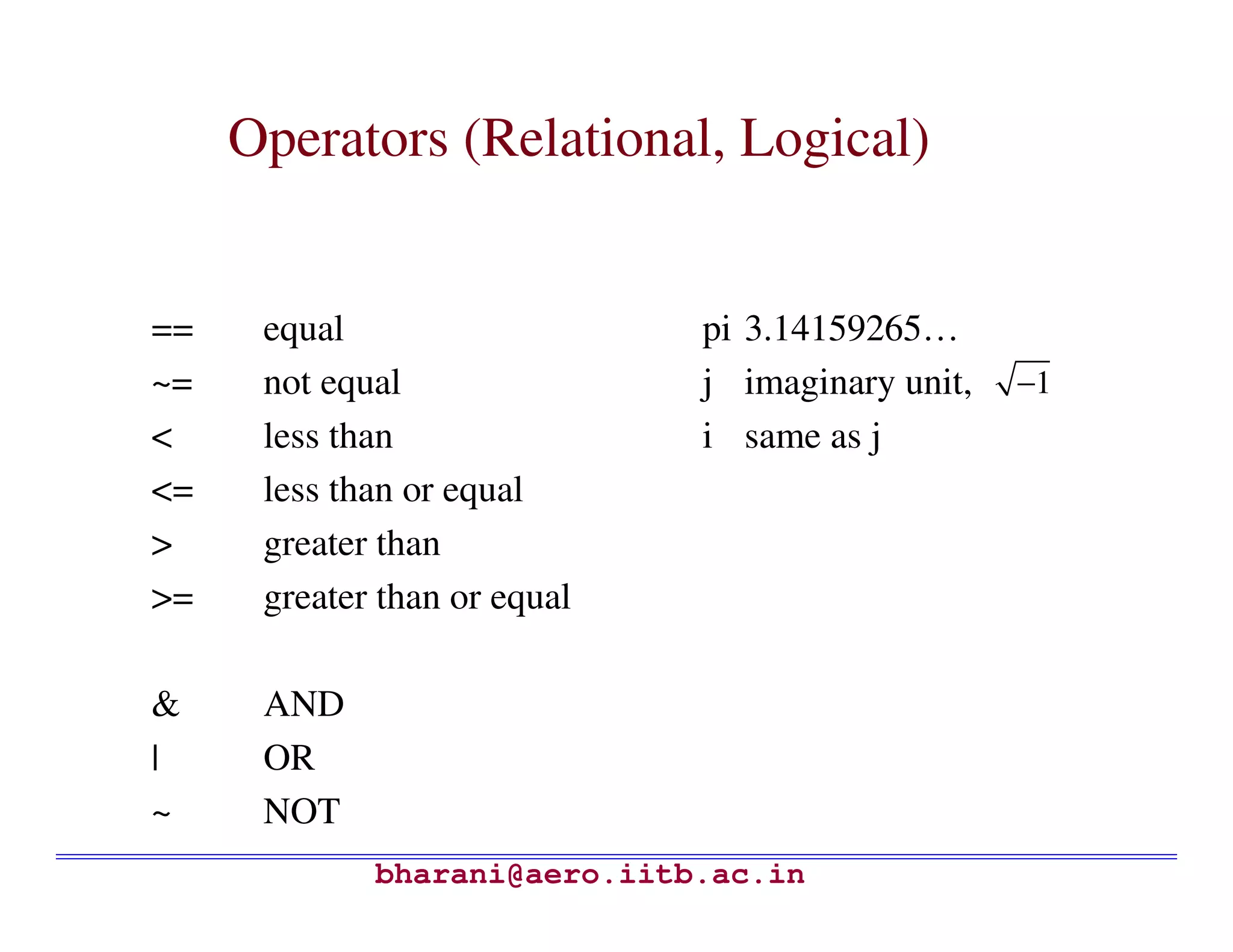 Operators (Relational, Logical)


==    equal                   pi 3.14159265…
~=    not equal               j imaginary unit,   −1
<     less than               i same as j
<=    less than or equal
>     greater than
>=    greater than or equal

&     AND
|     OR
~     NOT
             bharani@aero.iitb.ac.in
 