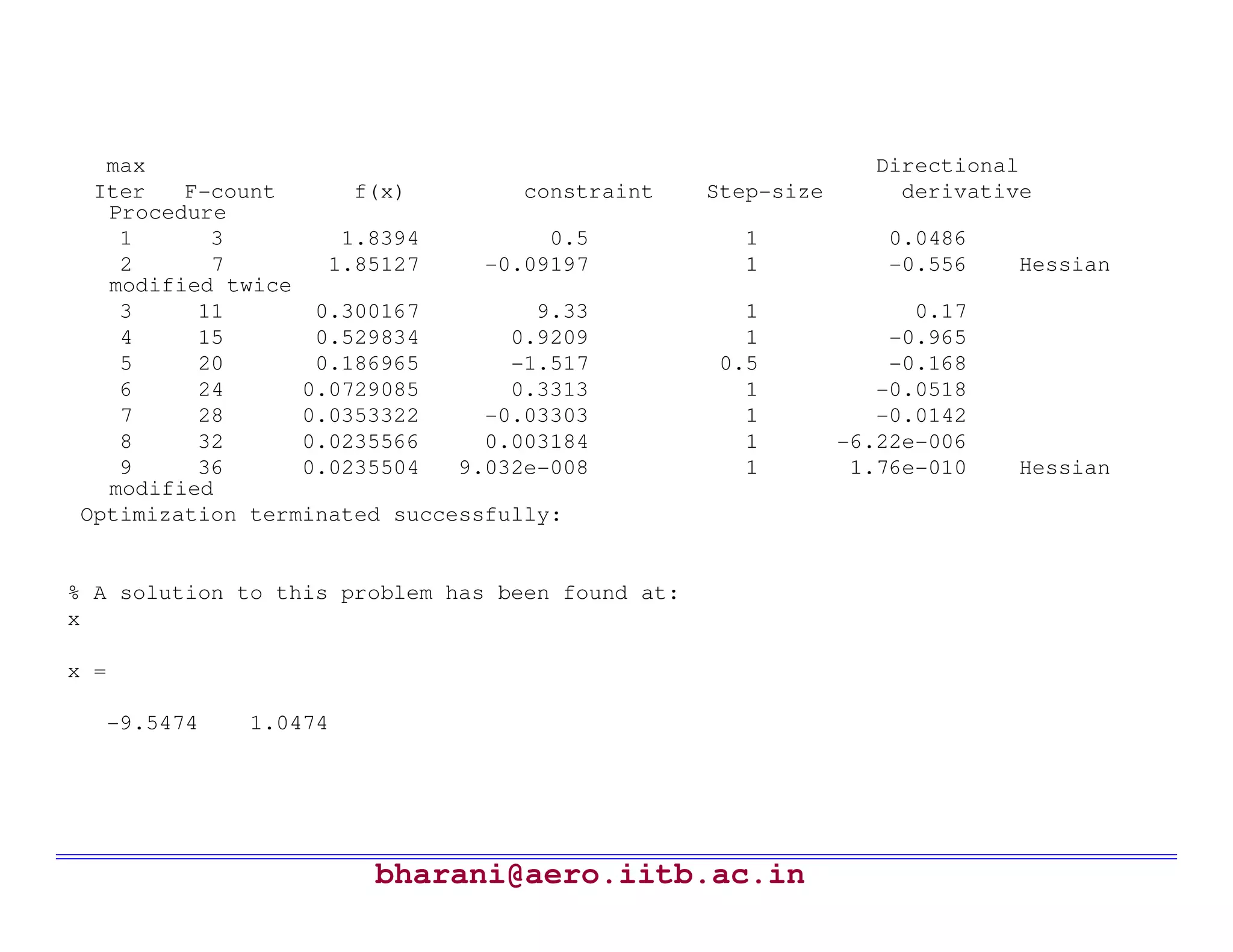max                                                           Directional
  Iter   F-count      f(x)         constraint     Step-size        derivative
   Procedure
    1      3         1.8394          0.5             1           0.0486
    2      7        1.85127     -0.09197             1           -0.556    Hessian
   modified twice
    3     11       0.300167         9.33             1              0.17
    4     15       0.529834       0.9209             1            -0.965
    5     20       0.186965       -1.517           0.5            -0.168
    6     24      0.0729085       0.3313             1           -0.0518
    7     28      0.0353322     -0.03303             1           -0.0142
    8     32      0.0235566     0.003184             1        -6.22e-006
    9     36      0.0235504   9.032e-008             1         1.76e-010   Hessian
   modified
 Optimization terminated successfully:


% A solution to this problem has been found at:
x

x =

   -9.5474   1.0474




                       bharani@aero.iitb.ac.in
 