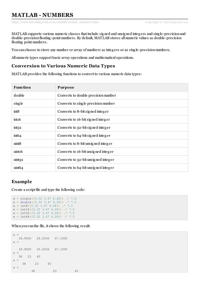Matlab numbers PDF