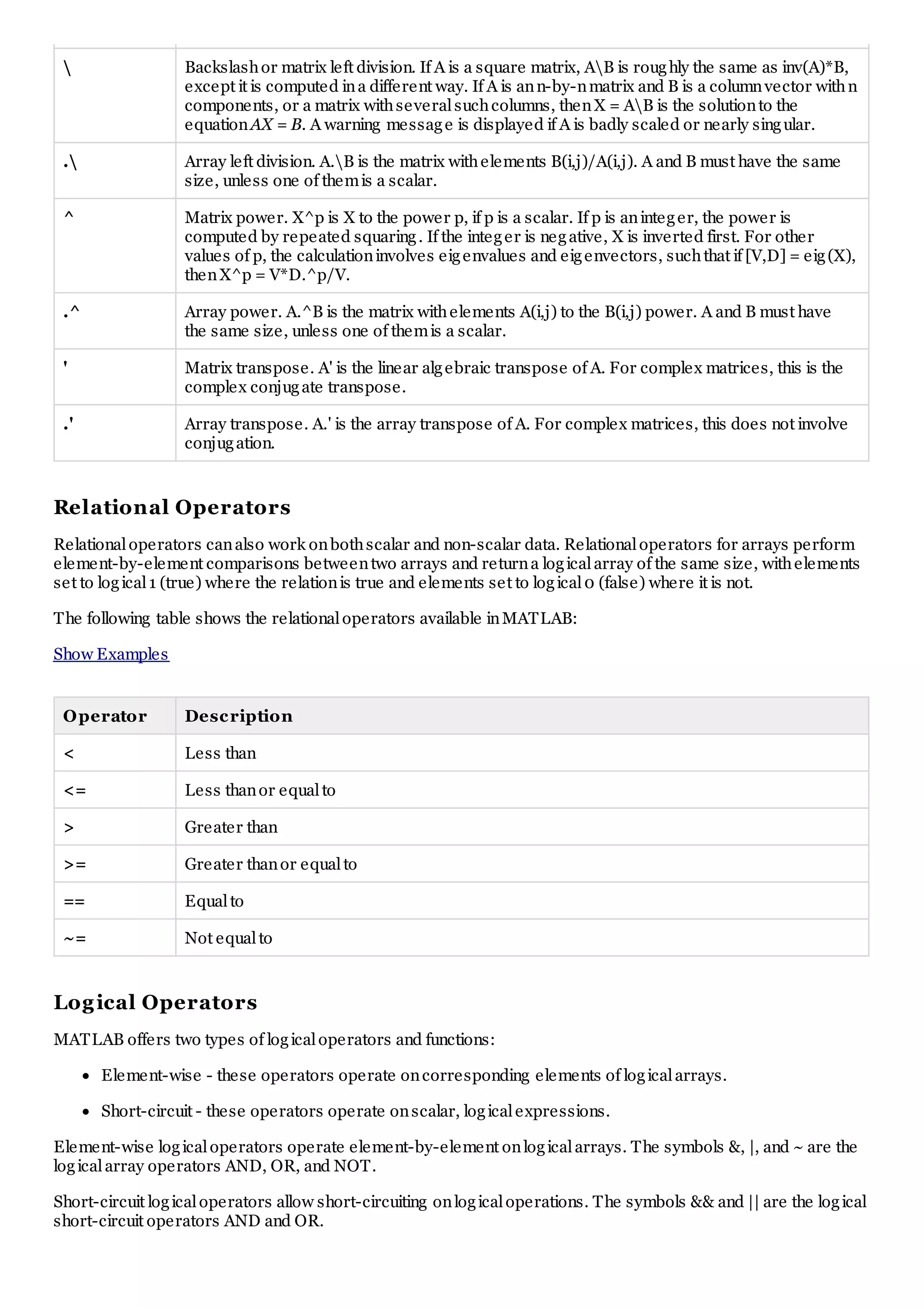 Matlab operators | PDF