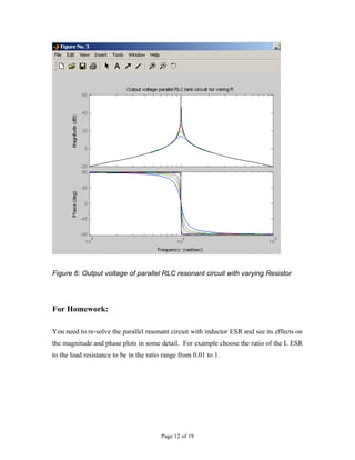 Figure 6: Output voltage of parallel RLC resonant circuit with varying Resistor




For Homework:

You need to re-solve the parallel resonant circuit with inductor ESR and see its effects on
the magnitude and phase plots in some detail. For example choose the ratio of the L ESR
to the load resistance to be in the ratio range from 0.01 to 1.




                                         Page 12 of 19
 