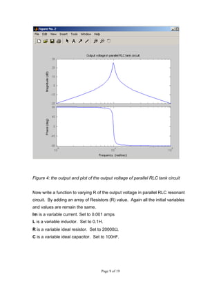 Figure 4: the output and plot of the output voltage of parallel RLC tank circuit


Now write a function to varying R of the output voltage in parallel RLC resonant
circuit. By adding an array of Resistors (R) value. Again all the initial variables
and values are remain the same.
Im is a variable current. Set to 0.001 amps
L is a variable inductor. Set to 0.1H.
R is a variable ideal resistor. Set to 20000Ω.
C is a variable ideal capacitor. Set to 100nF.




                                     Page 9 of 19
 