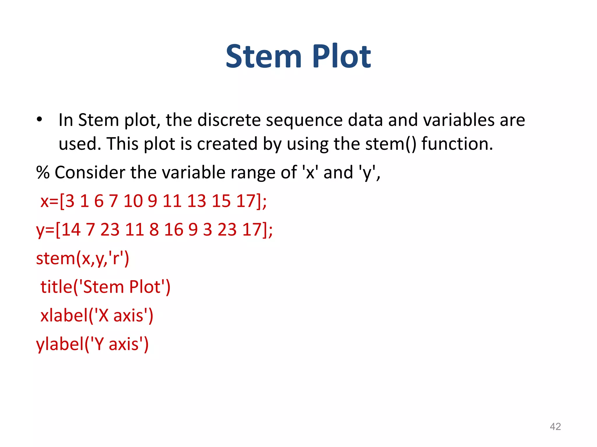 Stem Plot
• In Stem plot, the discrete sequence data and variables are
used. This plot is created by using the stem() function.
% Consider the variable range of 'x' and 'y',
x=[3 1 6 7 10 9 11 13 15 17];
y=[14 7 23 11 8 16 9 3 23 17];
stem(x,y,'r')
title('Stem Plot')
xlabel('X axis')
ylabel('Y axis')
42
 