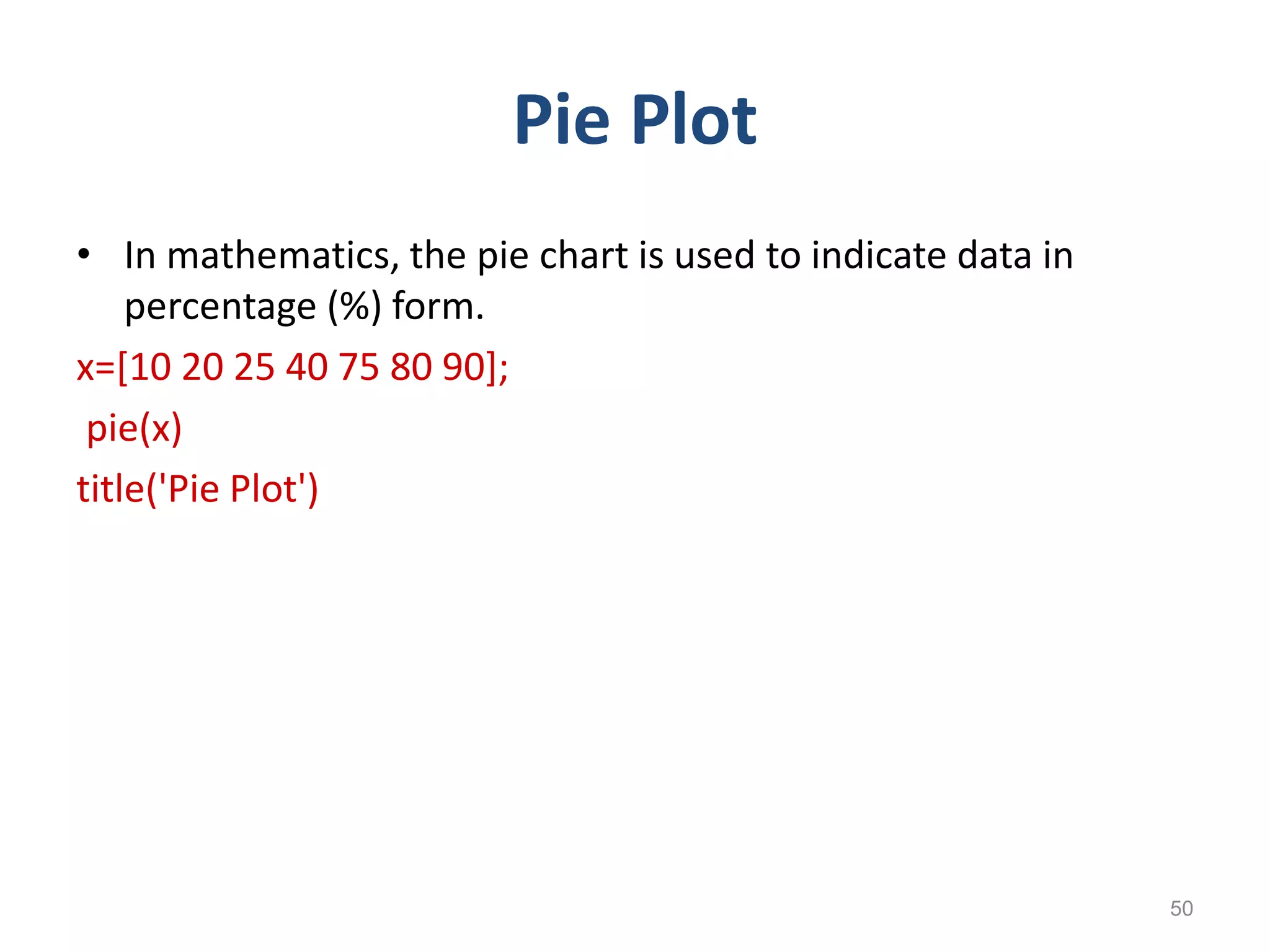 Pie Plot
• In mathematics, the pie chart is used to indicate data in
percentage (%) form.
x=[10 20 25 40 75 80 90];
pie(x)
title('Pie Plot')
50
 