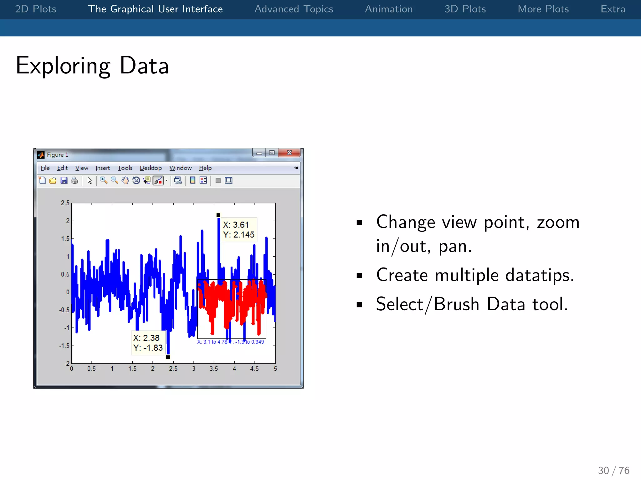 2D Plots The Graphical User Interface Advanced Topics Animation 3D Plots More Plots Extra Exploring Data • Change view point, zoom in/out, pan. • Create multiple datatips. • Select/Brush Data tool. 30 / 76 