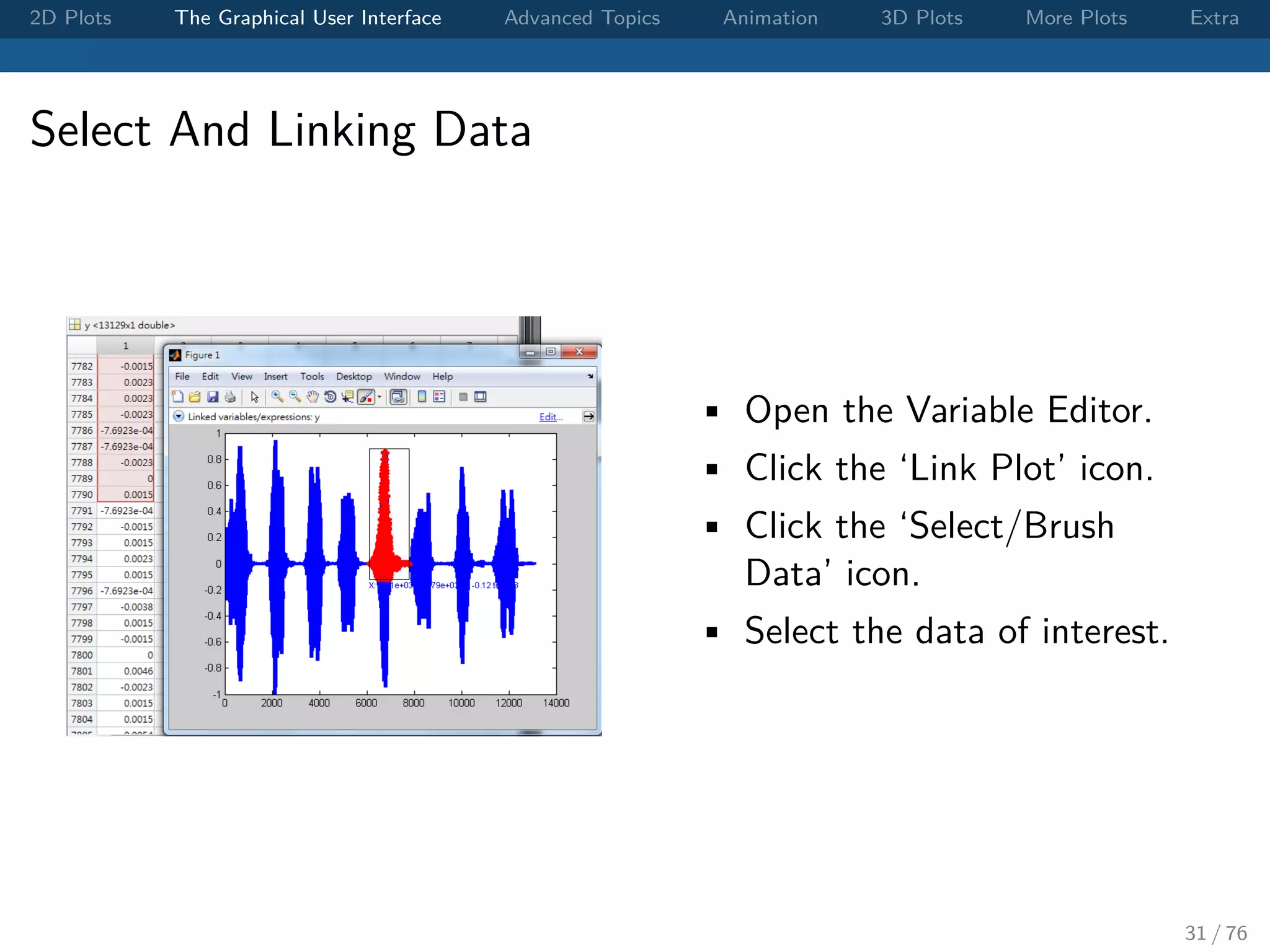 2D Plots The Graphical User Interface Advanced Topics Animation 3D Plots More Plots Extra Select And Linking Data • Open the Variable Editor. • Click the ‘Link Plot’ icon. • Click the ‘Select/Brush Data’ icon. • Select the data of interest. 31 / 76 