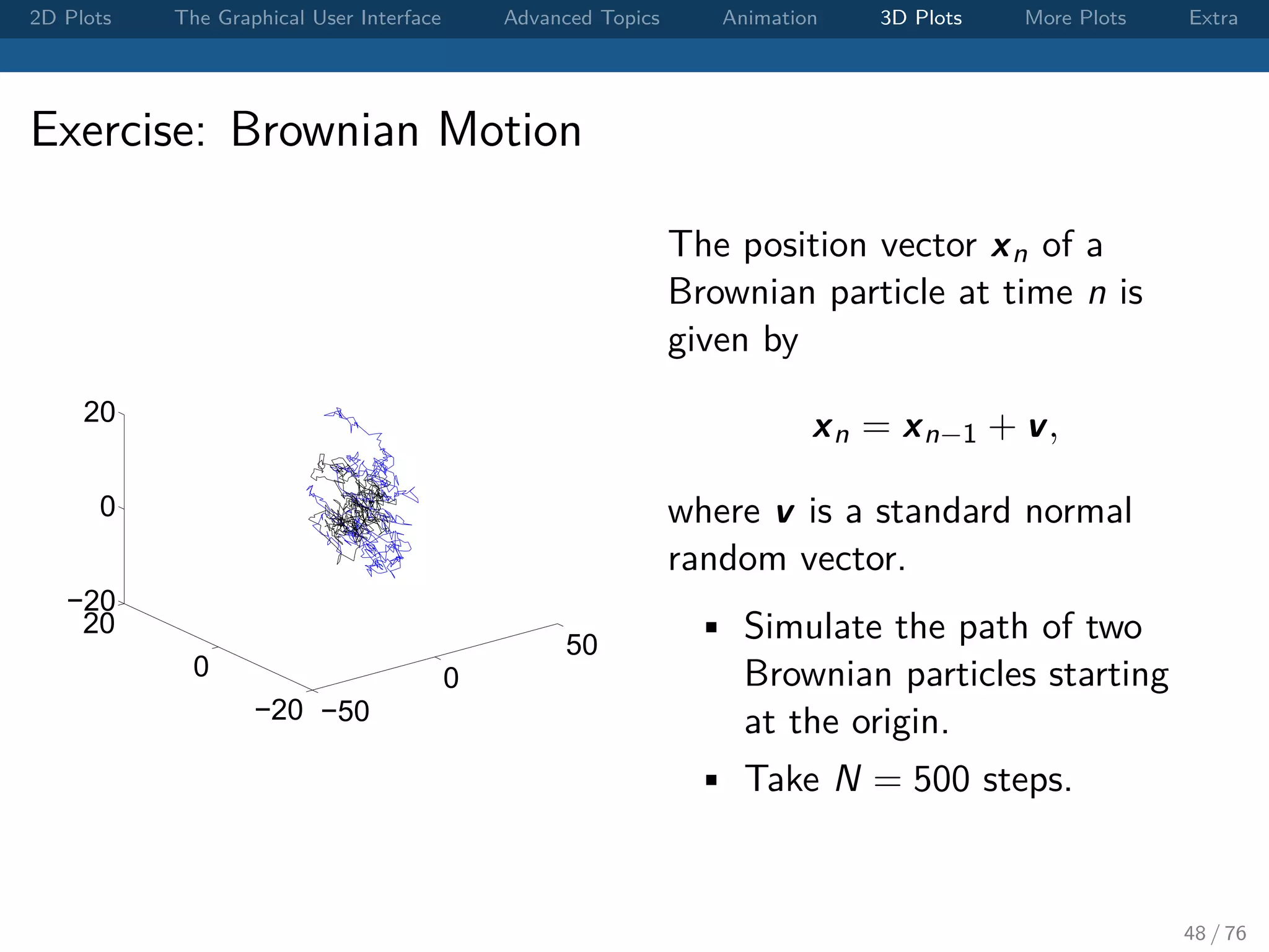 2D Plots The Graphical User Interface Advanced Topics Animation 3D Plots More Plots Extra Exercise: Brownian Motion −50 0 50 −20 0 20 −20 0 20 The position vector xn of a Brownian particle at time n is given by xn = xn−1 + v, where v is a standard normal random vector. • Simulate the path of two Brownian particles starting at the origin. • Take N = 500 steps. 48 / 76 