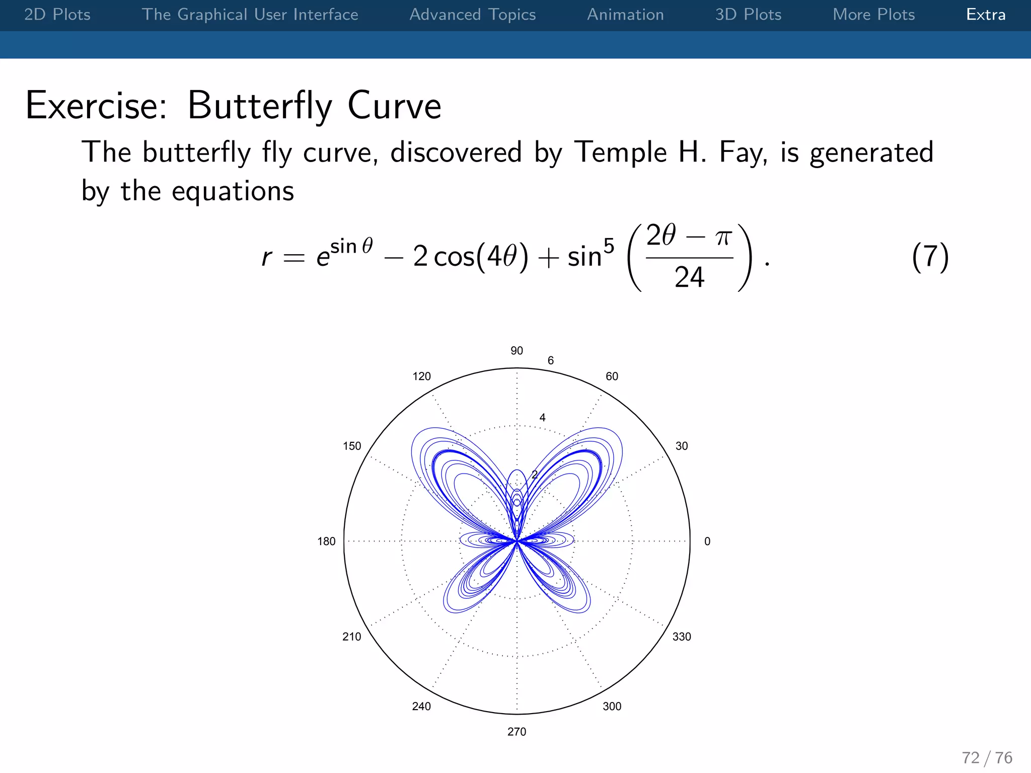 2D Plots The Graphical User Interface Advanced Topics Animation 3D Plots More Plots Extra Exercise: Butterﬂy Curve The butterﬂy ﬂy curve, discovered by Temple H. Fay, is generated by the equations r = esin θ − 2 cos(4θ) + sin5 2θ − π 24 . (7) 2 4 6 30 210 60 240 90 270 120 300 150 330 180 0 72 / 76 