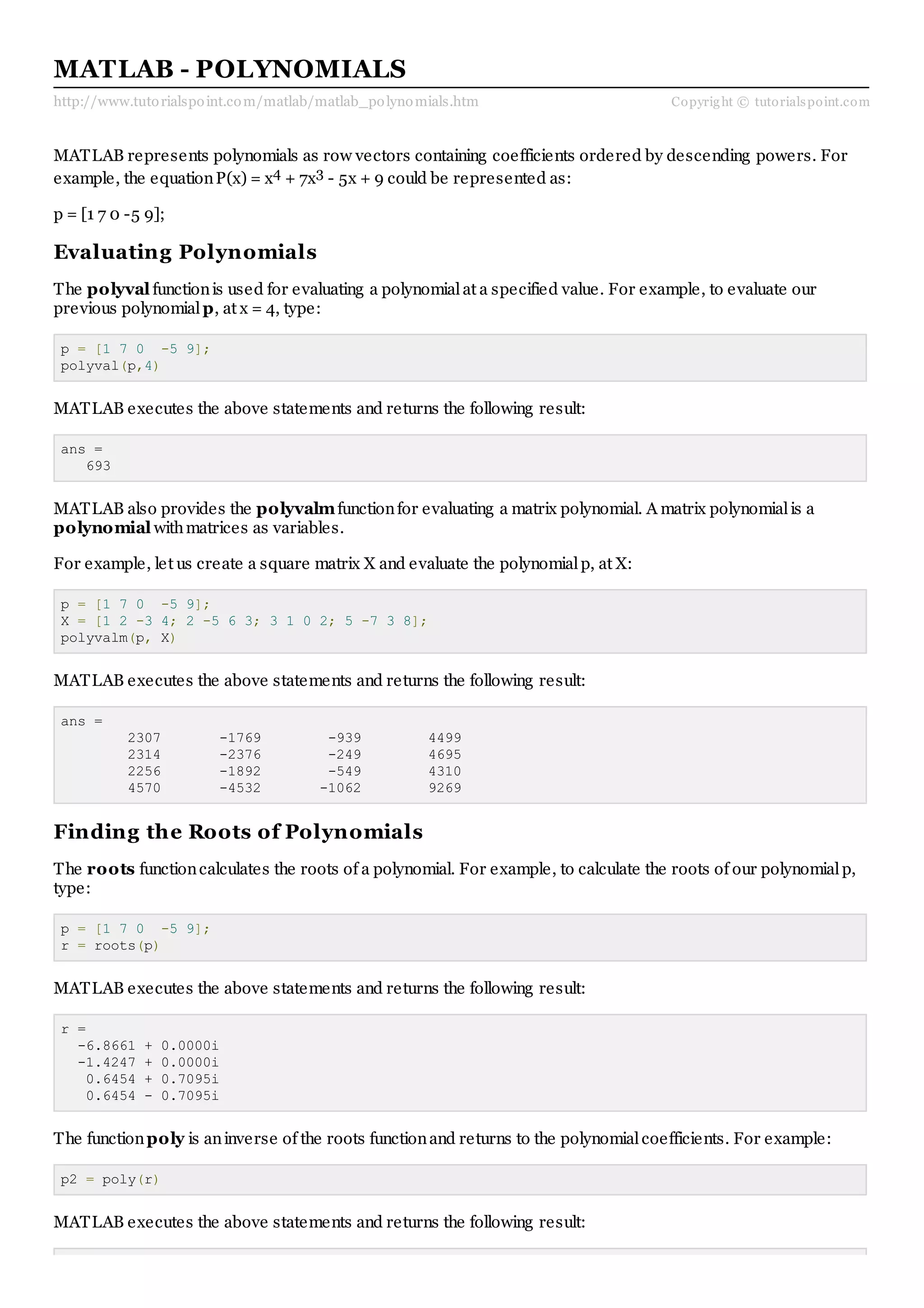 Matlab polynomials | PDF