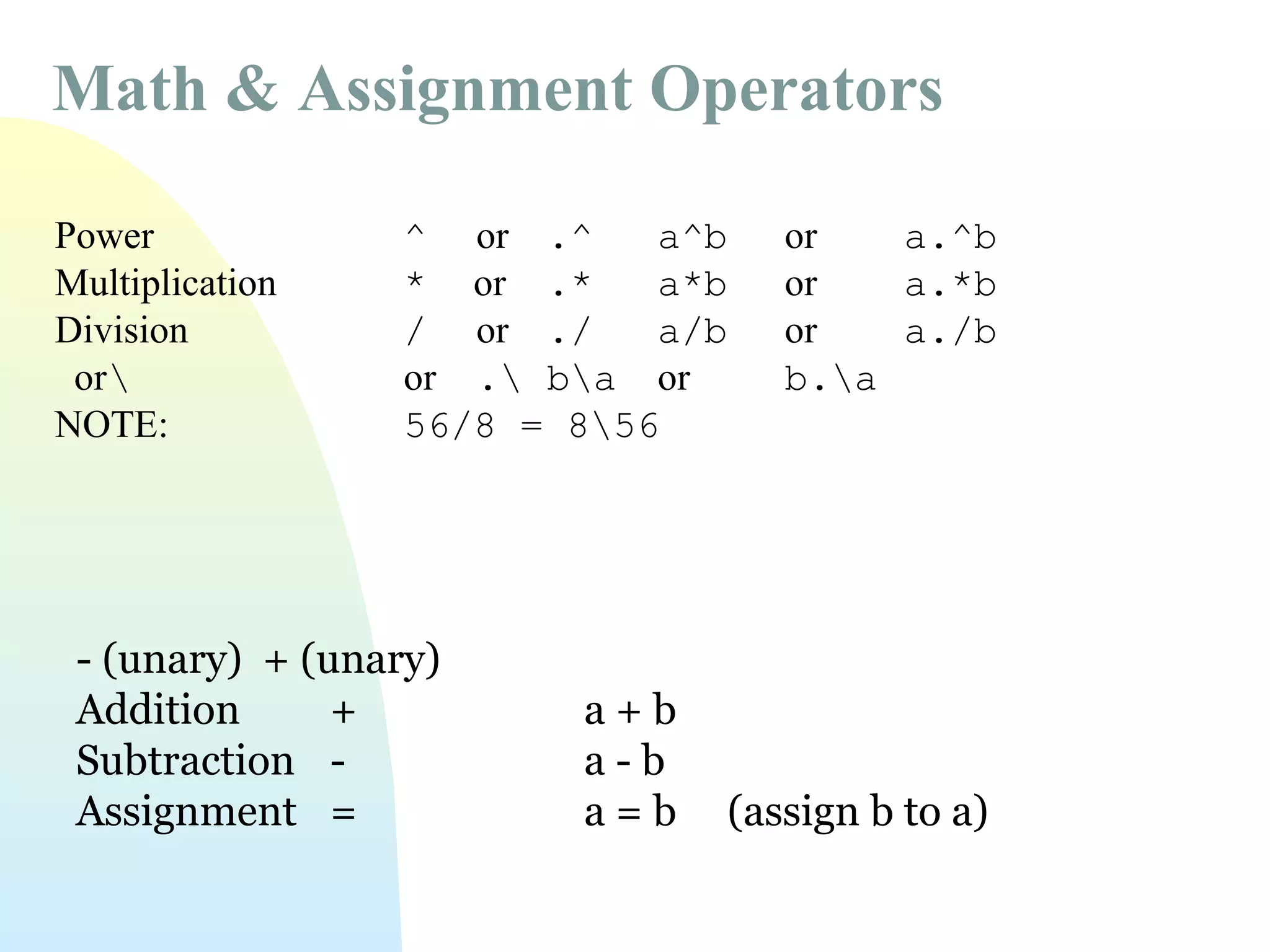 Math & Assignment Operators
Power
Multiplication
Division
or
NOTE:

^ or .^
a^b
* or .*
a*b
/ or ./
a/b
or . ba or
56/8 = 856

- (unary) + (unary)
Addition
+
Subtraction Assignment =

a+b
a-b
a=b

or
a.^b
or
a.*b
or
a./b
b.a

(assign b to a)

 