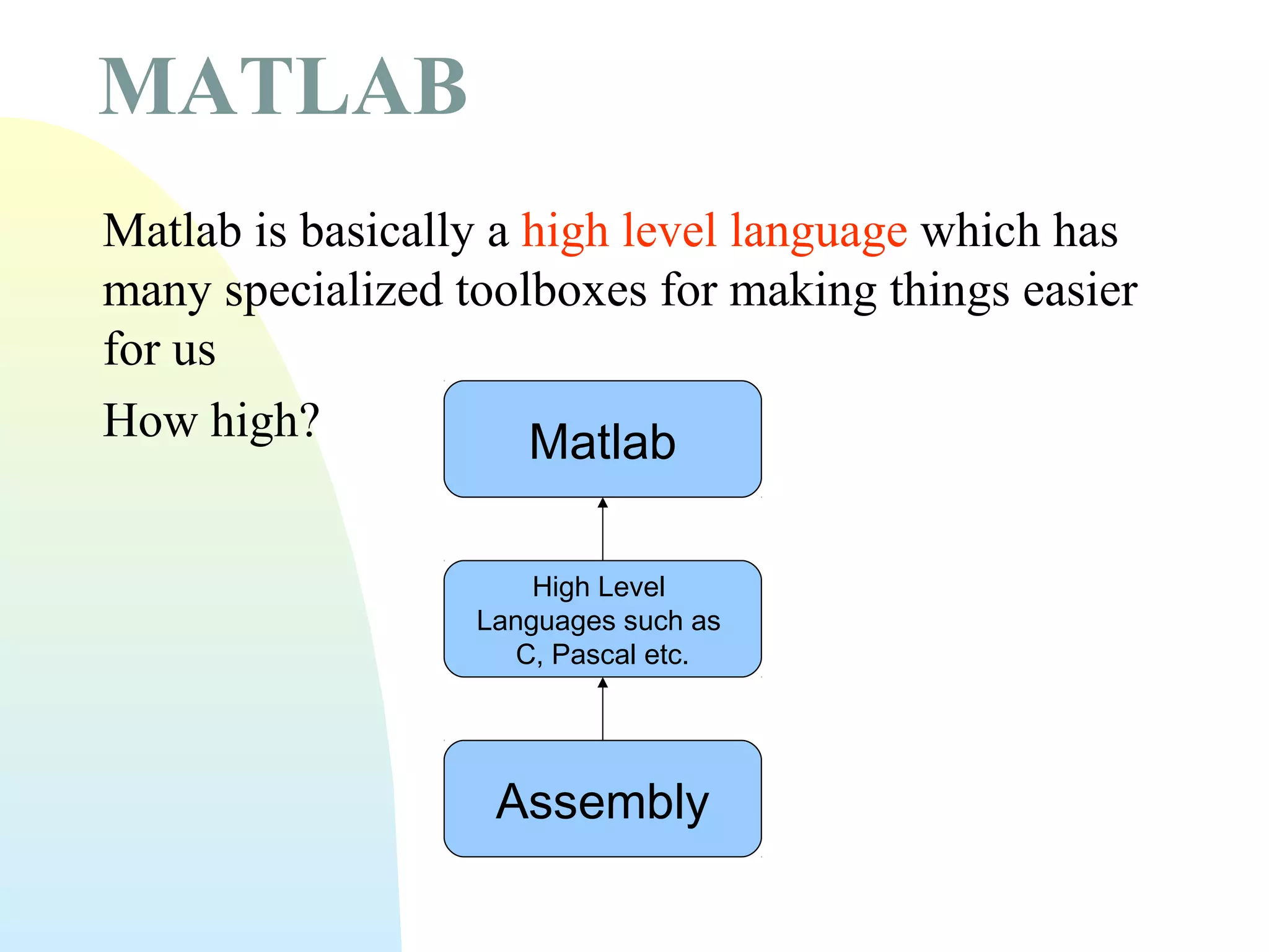 MATLAB
Matlab is basically a high level language which has
many specialized toolboxes for making things easier
for us
How high?
Matlab
High Level
Languages such as
C, Pascal etc.

Assembly

 