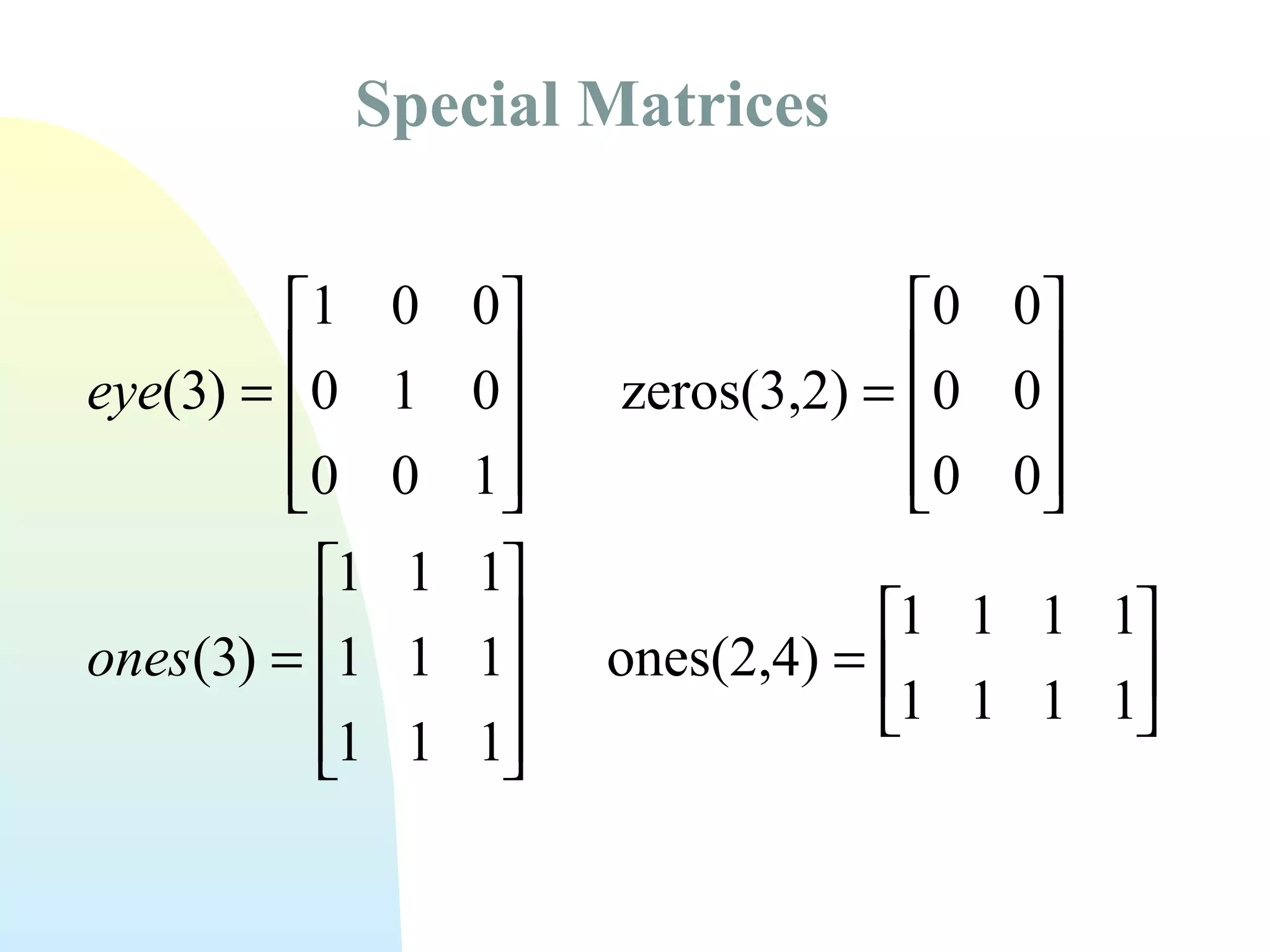 Special Matrices
1
eye(3) = 0

0

1
ones(3) = 1

1


0 0
1 0

0 1

1 1
1 1

1 1


0 0 
zeros(3,2) = 0 0


0 0 


1 1 1 1
ones(2,4) = 
1 1 1 1



 