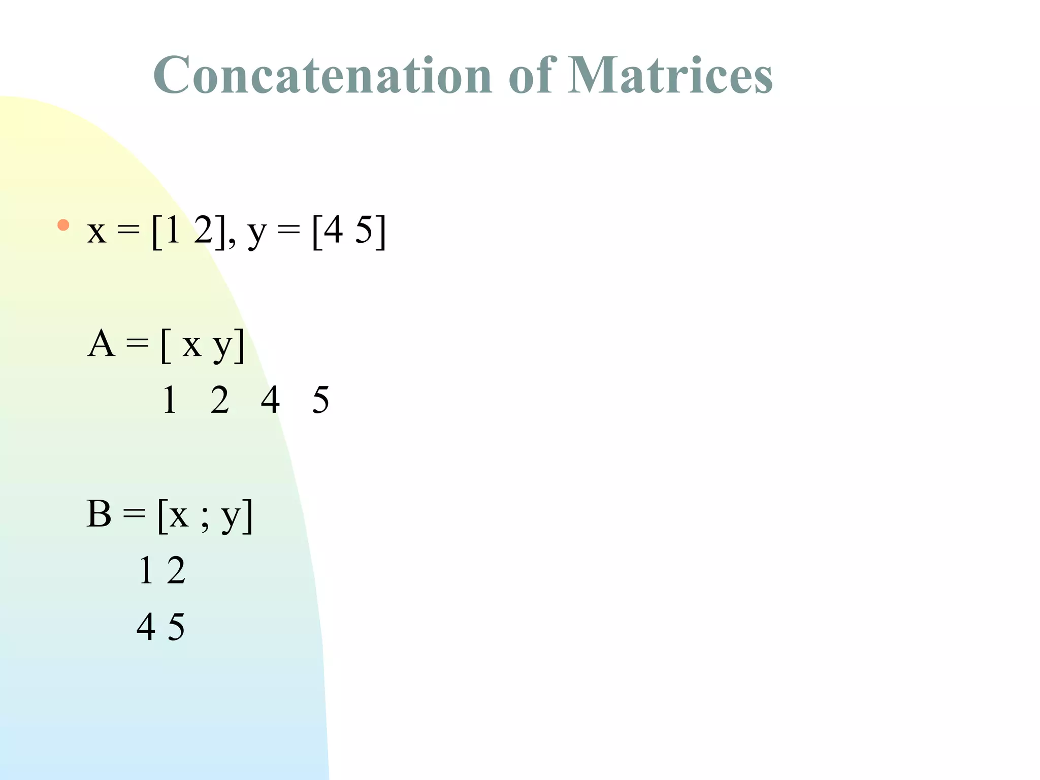 Concatenation of Matrices


x = [1 2], y = [4 5]
A = [ x y]
1 2 4 5
B = [x ; y]
12
45

 