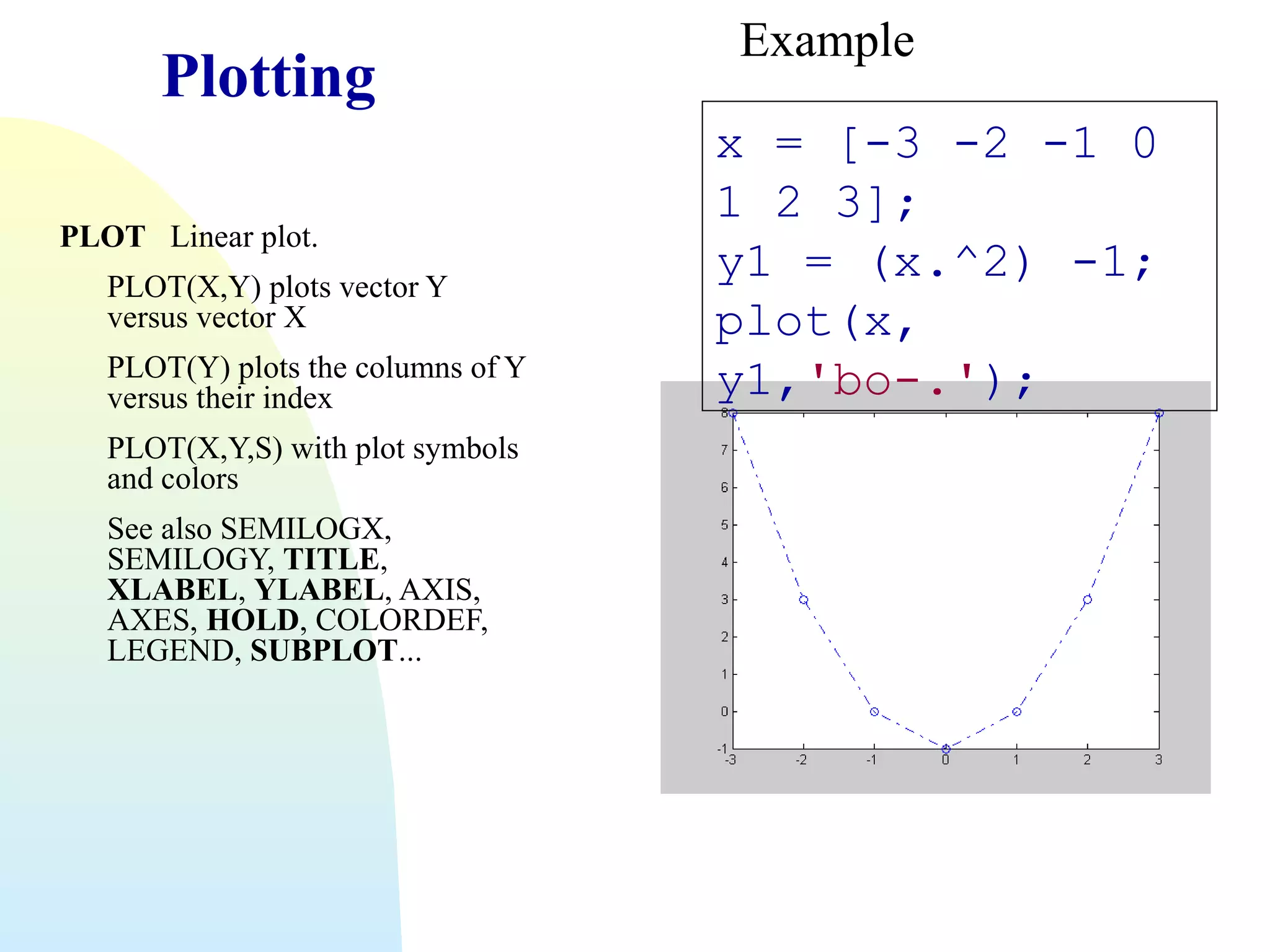 Plotting
PLOT Linear plot.
PLOT(X,Y) plots vector Y
versus vector X
PLOT(Y) plots the columns of Y
versus their index
PLOT(X,Y,S) with plot symbols
and colors
See also SEMILOGX,
SEMILOGY, TITLE,
XLABEL, YLABEL, AXIS,
AXES, HOLD, COLORDEF,
LEGEND, SUBPLOT...

Example
x = [-3 -2 -1 0
1 2 3];
y1 = (x.^2) -1;
plot(x,
y1,'bo-.');

 