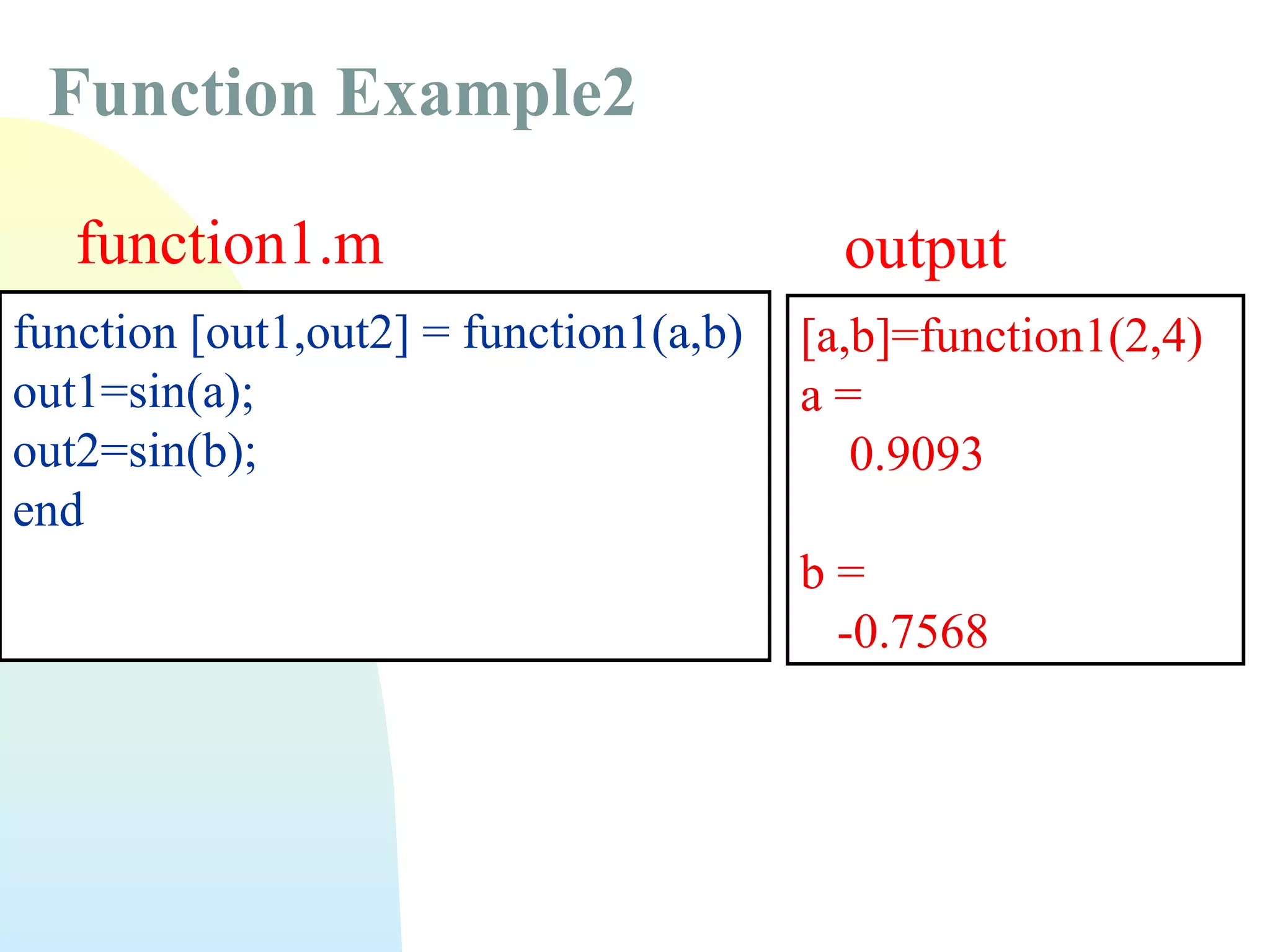 Function Example2
function1.m
function [out1,out2] = function1(a,b)
out1=sin(a);
out2=sin(b);
end

output
[a,b]=function1(2,4)
a=
0.9093
b=
-0.7568

 