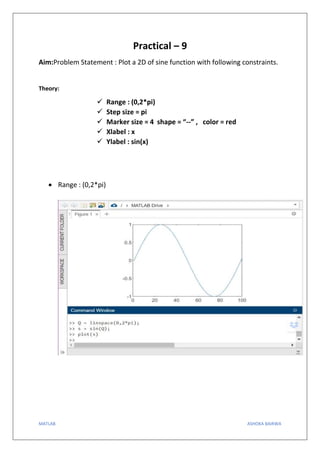 MATLAB ASHOKA BAIRWA
Practical – 9
Aim:Problem Statement : Plot a 2D of sine function with following constraints.
Theory:
 Range : (0,2*pi)
 Step size = pi
 Marker size = 4 shape = “--” , color = red
 Xlabel : x
 Ylabel : sin(x)
 Range : (0,2*pi)
 
 