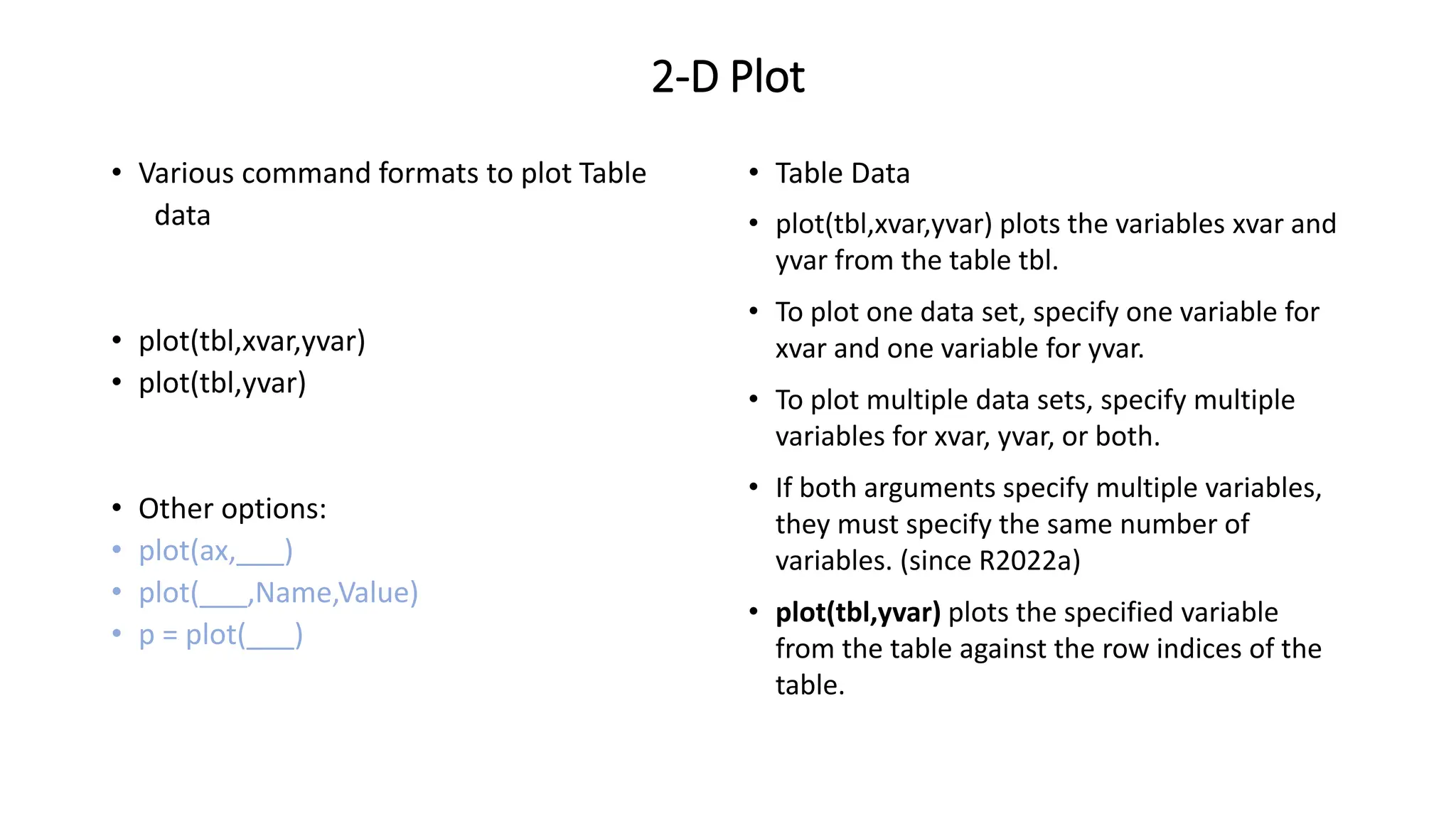 2-D Plot
• Various command formats to plot Table
data
• plot(tbl,xvar,yvar)
• plot(tbl,yvar)
• Other options:
• plot(ax,___)
• plot(___,Name,Value)
• p = plot(___)
• Table Data
• plot(tbl,xvar,yvar) plots the variables xvar and
yvar from the table tbl.
• To plot one data set, specify one variable for
xvar and one variable for yvar.
• To plot multiple data sets, specify multiple
variables for xvar, yvar, or both.
• If both arguments specify multiple variables,
they must specify the same number of
variables. (since R2022a)
• plot(tbl,yvar) plots the specified variable
from the table against the row indices of the
table.
 