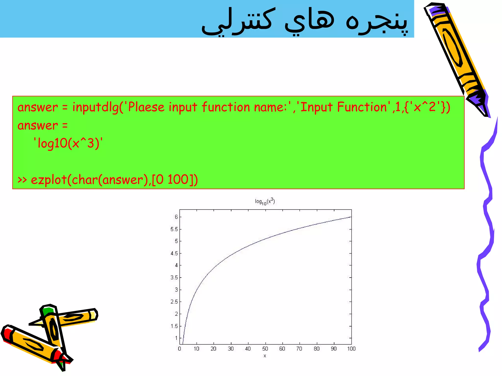 ‫پنجره هاي كنترلي‬

answer = inputdlg('Plaese input function name:','Input Function',1,{'x^2'})
answer =
  'log10(x^3)'

>> ezplot(char(answer),[0 100])
 