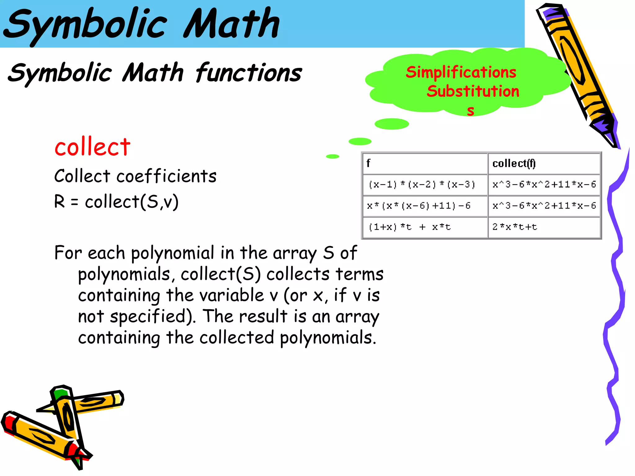 Symbolic Math
Symbolic Math functions                         Simplifications
                                                  Substitution
                                                        s

   collect
   Collect coefficients
   R = collect(S,v)

   For each polynomial in the array S of
     polynomials, collect(S) collects terms
     containing the variable v (or x, if v is
     not specified). The result is an array
     containing the collected polynomials.
 