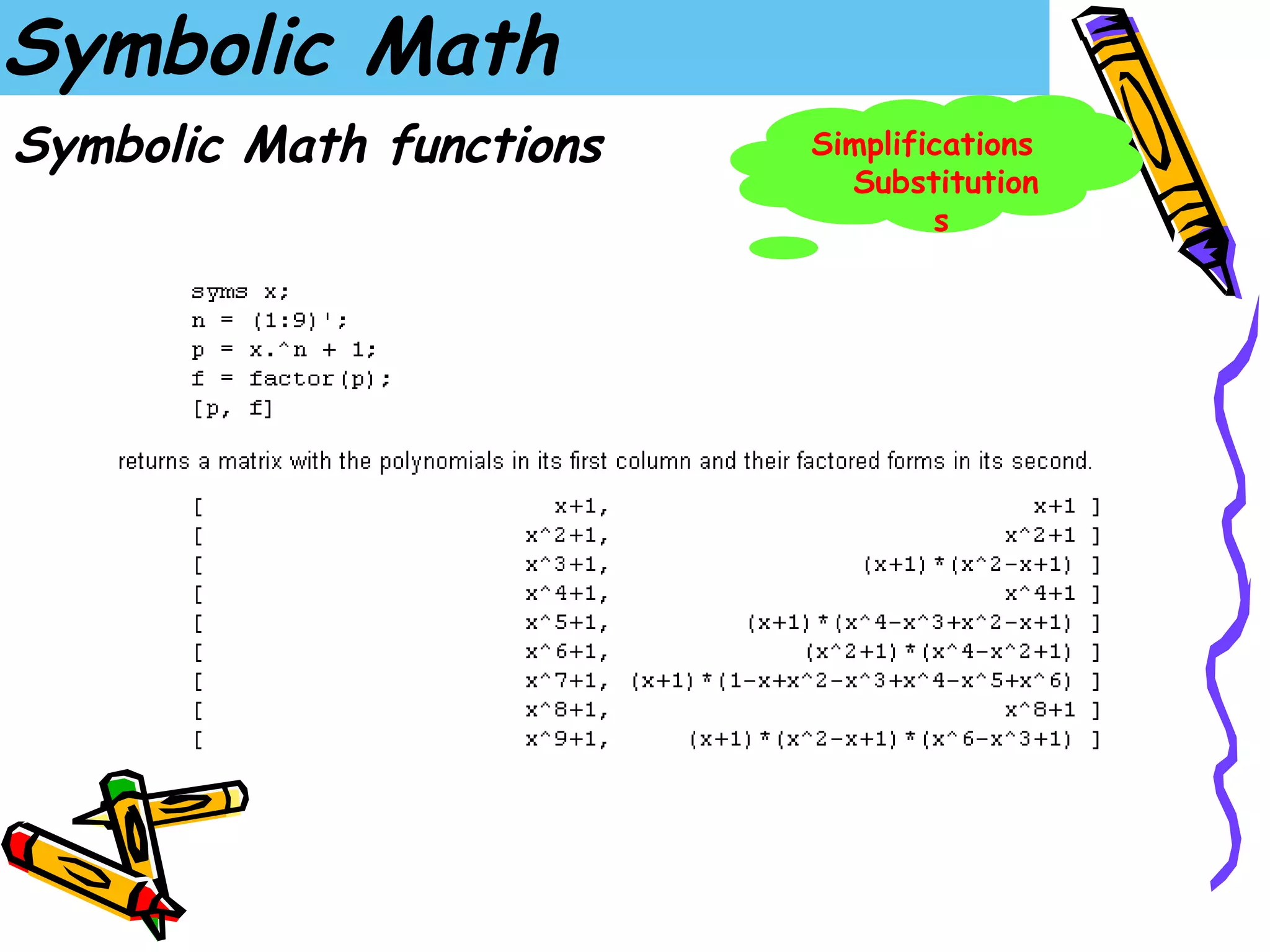 Symbolic Math
Symbolic Math functions   Simplifications
                            Substitution
                                  s
 