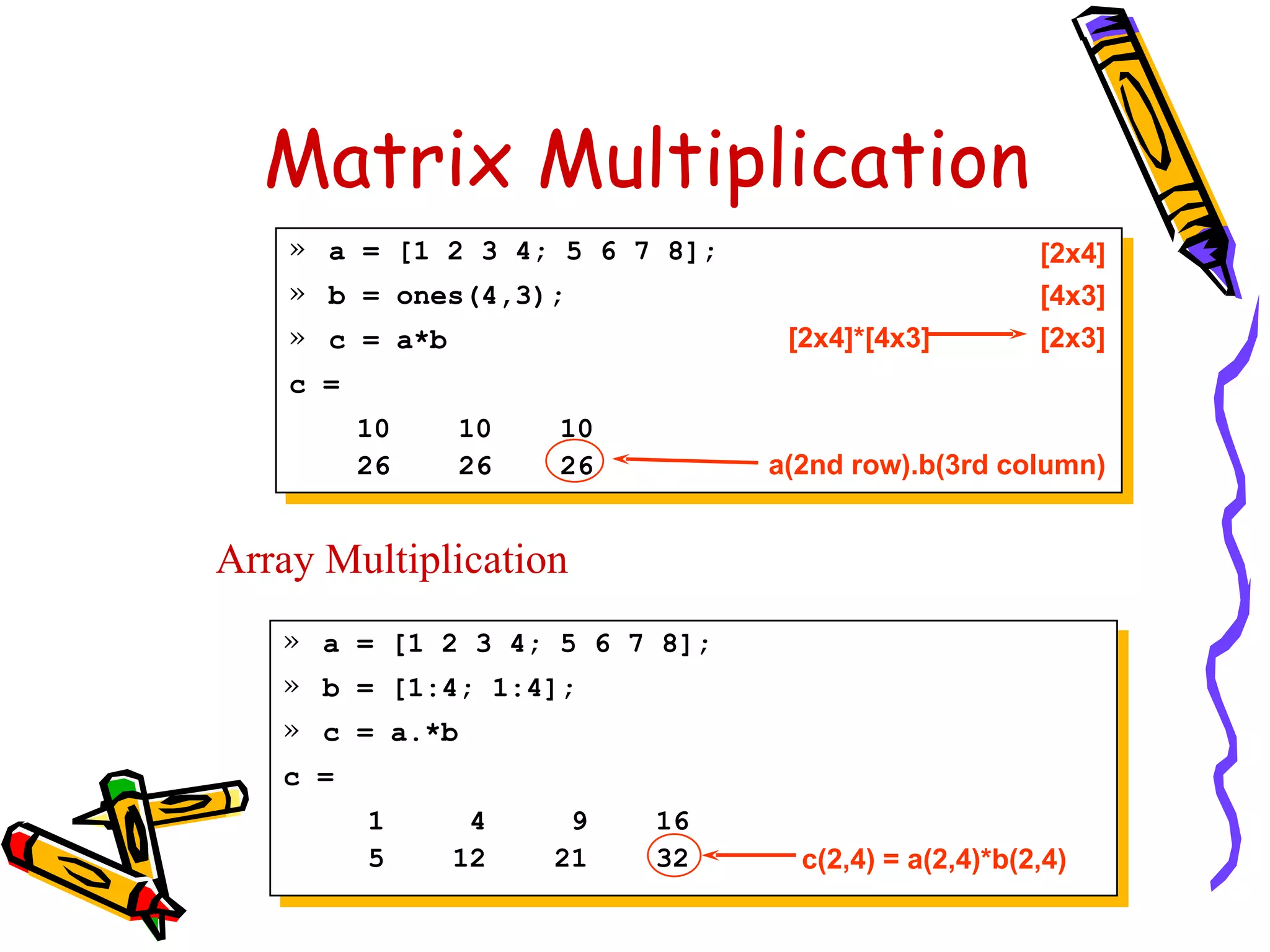 Matrix Multiplication
    » a = [1 2 3 4; 5 6 7 8];                        [2x4]
    » b = ones(4,3);                                 [4x3]
    » c = a*b                    [2x4]*[4x3]         [2x3]
    c =
          10   10   10
          26   26   26          a(2nd row).b(3rd column)


Array Multiplication
   » a = [1 2 3 4; 5 6 7 8];
   » b = [1:4; 1:4];
   » c = a.*b
   c =
          1     4    9   16
          5    12   21   32       c(2,4) = a(2,4)*b(2,4)
 