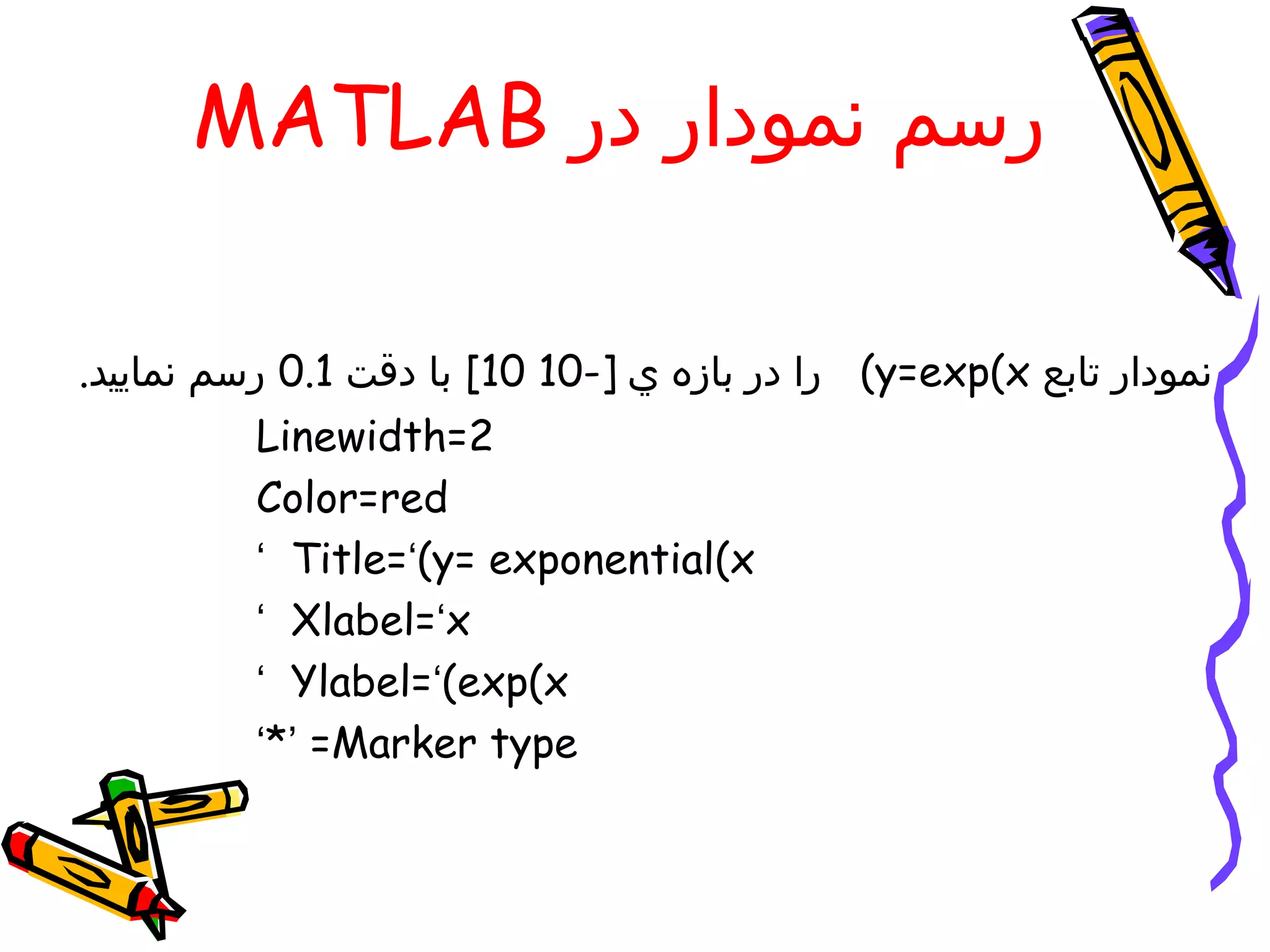MATLAB ‫رسم نمودار در‬

.‫( را در بازه ي ]-01 01[ با دقت 1.0 رسم نماييد‬y=exp(x ‫نمودار تابع‬
          Linewidth=2
          Color=red
          ‘ Title=‘(y= exponential(x
          ‘ Xlabel=‘x
          ‘ Ylabel=‘(exp(x
          ‘*’ =Marker type
 