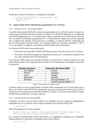 Aprenda Matlab 7.0 como si estuviera en Primero página 102
Finalmente se llama a la función y se comprueba el resultado:
>> calllib('shrlibsample', 'multDoubleRef', xp);
>> get(xp, 'Value')
ans = 75
7.2. Llamar desde MATLAB funciones programadas en C o Fortran
7.2.1. INTRODUCCIÓN A LOS FICHEROS MEX
Es posible llamar desde MATLAB a funciones programadas en C y en Fortran como si fueran fun-
ciones propias de MATLAB. De este modo, una función *.m de MATLAB puede ser sustituida por
una función programada en C o en Fortran que se llama exactamente en la misma forma. Para que
esto sea posible las funciones programadas en C y Fortran han de cumplir una serie de requisitos
que se explican más adelante. Estas funciones se compilan y se generan librerías compartidas que
son las denominadas funciones MEX. Las funciones MEX son funciones ejecutables "*.dll" ó
"*.so" que pueden ser cargadas y ejecutadas por MATLAB de forma automática.
Las funciones MEX tienen varias aplicaciones:
– Evitan tener que reescribir en MATLAB funciones que ya han sido escritas en C o Fortran.
– Por motivos de eficiencia puede ser interesante reescribir en C o Fortran las funciones críti-
cas o que consumen más CPU del programa.
Las funciones MEX tienen una extensión diferente en función de los sistemas operativos en que
hayan sido generadas. En la siguiente tabla se puede ver la extensión que corresponde a cada siste-
ma operativo.
Sistema operativo Extensión del fichero MEX
Sun Solaris .mexsol
HP-UX .mexhpux
Linux .mexglx
MacIntosh .mexmac
Windows .dll (hasta Matlab 7.0)
.mexw32 (desde Matlab7.1)
Tabla 4. Extensiones de los ficheros MEX.
Conviene insistir en que se puede llamar un fichero MEX exactamente de la misma forma que se
llama a un fichero *.m de MATLAB. Además, hay que tener en cuenta que si al buscar en el path se
encuentran en el mismo directorio un fichero MEX y un fichero *.m con el mismo nombre, el fiche-
ro MEX tiene precedencia y es el que se ejecuta.
7.2.2. CONSTRUCCIÓN DE FICHEROS MEX
La primera vez que se crea un fichero MEX en un ordenador, hay que comenzar configurando el
compilador que se va a utilizar. Esto se realiza tecleando en la consola de MATLAB:
>> mex -setup
MATLAB responde de la forma siguiente:
Please choose your compiler for building external interface (MEX) files:
Would you like mex to locate installed compilers [y]/n?
Si se contesta afirmativamente, MATLAB localiza los compiladores instalados en el ordenador.
Después pide que se seleccione el compilador que se desea utilizar:
Select a compiler:
 