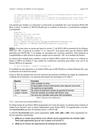 Capítulo 7: Interfaces de Matlab con otros lenguajes página 103
[1] Compaq Visual Fortran version 6.6 in C:ARCHIVOS DE PROGRAMAMICROSOFT VISUAL STUDIO
[2] Lcc C version 2.4 in C:MATLAB7syslcc
[3] Microsoft Visual C/C++ version 7.0 in C:Archivos de programaMicrosoft Visual Studio .NET
[4] Microsoft Visual C/C++ version 6.0 in C:Archivos de programaMicrosoft Visual Studio
[0] None
Compiler:
Una opción que siempre va a funcionar es seleccionar el compilador de C que incorpora MATLAB
(Lcc, es decir, la opción 2). MATLAB pide que se confirme la elección y a continuación configura
el compilador:
Compiler: 2
Please verify your choices:
Compiler: Lcc C 2.4
Location: C:MATLAB7syslcc
Are these correct?([y]/n): y
Try to update options file: MathWorksMATLABR14mexopts.bat
From template: C:MATLAB7BINWIN32mexoptslccopts.bat
Done . . .
NOTA: Conviene tener en cuenta que hasta la versión 7.1 de MATLAB la extensión de los ficheros
MEX era ".dll". A partir de la versión 7.1 es ".mexw32". Esto quiere decir que los ficheros MEX
generados por MATLAB 7.1 no podrán ser ejecutados por versiones anteriores. Para mantener la
compatibilidad se debe utilizar la opción -output con la extensión ".dll" en el nombre del fichero.
La sintaxis del comando para compilar y crear un fichero MEX a partir de lo que se va a llamar un
fichero C-MEX (un fichero C que cumple las condiciones necesarias para poder crear con él un
fichero MEX) es la siguiente:
>> mex filename.c –output filename.dll
El resultado de esta operación es un fichero MEX que en MS Windows se llama filename.dll y que
se almacena en el directorio actual.
Como es fácil de imaginar hay diversas opciones que permiten modificar las etapas de compilación
y linkado de las funciones. Las opciones principales son mostradas en la Tabla 5.
Opción Función
-c Sólo compila no linka
-g El ejecutable incluye información para depurar la función
-O Se optimiza el ejecutable
-outdir <name> Se indica el directorio donde se guarda la función
-output <name> Permite cambiar el nombre del fichero mex
- v Se saca por pantalla cada paso del compilador
Tabla 5. Opciones de la utilidad mex.
7.2.3. CREACIÓN DE FICHEROS MEX EN C
El código fuente de un fichero MEX programado en C tiene dos partes. La primera parte contiene el
código de la función C que se quiere implementar como fichero MEX. La segunda parte es la fun-
ción mexFunction que hace de interface entre C y MATLAB.
La función mexFunction tiene cuatro argumentos: prhs, nrhs, plhs y nlhs. Estos argumentos tie-
nen los siguientes significados:
1. prhs es un vector de punteros a los valores de los argumentos de entrada (right
hand side arguments) que se van a pasar a la función C.
2. nhrs es el número de argumentos de entrada de la función.
 