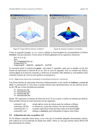 Aprenda Matlab 7.0 como si estuviera en Primero página 124
Figura 47. Figura 3D de la función “sombrero”. Figura 48. Función “sombrero” con facetas.
Como un segundo ejemplo, se va a volver a dibujar la función picos (la correspondiente al fichero
test3d.m visto previamente). Créese ahora el fichero picos.m con las siguientes sentencias:
x=[-3:0.2:3];
y=x;
[X,Y]=meshgrid(x,y);
Z=test3d(X,Y);
figure(gcf), mesh(Z), pause(5), surf(Z)
Es necesario poner la instrucción pause –que espera 5 segundos– para que se puedan ver las dos
formas de representar la función Z (si no, sólo se vería la segunda). Una vez creado este fichero,
tecléese picos en la línea de comandos y obsérvese el resultado. Más adelante se verá también cómo
controlar el punto de vista en estos gráficos en perspectiva.
9.1.4. DIBUJO DE LÍNEAS DE CONTORNO: FUNCIONES CONTOUR Y CONTOUR3
Una forma distinta de representar funciones tridimensionales es por medio de isolíneas o curvas de
nivel. A continuación se verá cómo se puede utilizar estas representaciones con las matrices de da-
tos Z y W que se han calculado previamente:
>> contour(Z,20)
>> contour3(Z,20)
>> contour(W,20)
>> contour3(W,20)
donde "20" representa el número de líneas de nivel. Si no se pone se utiliza un número por defecto.
Otras posibles formas de estas funciones son las siguientes:
contour(Z, val) siendo val un vector de valores para las isolíneas a dibujar
contour(u,v,W,20) se utilizan u y v para dar valores a los ejes de coordenadas
contour(Z,20,'r--') se puede especificar el tipo de línea como en la función plot
contourf(Z, val) análoga a contour(), pero rellenando el espacio entre líneas
9.2. Utilización del color en gráficos 3-D
En los dibujos realizados hasta ahora, se ha visto que el resultado adoptaba determinados colores,
pero todavía no se ha explicado de dónde han salido. Ahora se verá qué sistema utiliza MATLAB
para determinar los colores.
 
