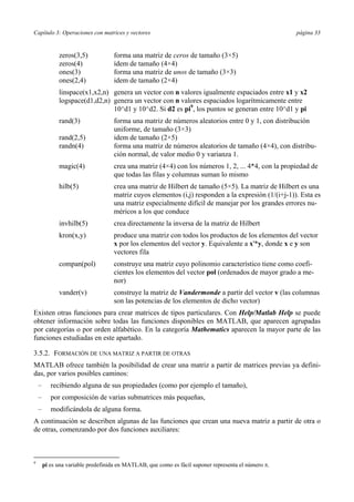 Capítulo 3: Operaciones con matrices y vectores página 33
zeros(3,5) forma una matriz de ceros de tamaño (3×5)
zeros(4) ídem de tamaño (4×4)
ones(3) forma una matriz de unos de tamaño (3×3)
ones(2,4) idem de tamaño (2×4)
linspace(x1,x2,n) genera un vector con n valores igualmente espaciados entre x1 y x2
logspace(d1,d2,n) genera un vector con n valores espaciados logarítmicamente entre
10^d1 y 10^d2. Si d2 es pi9
, los puntos se generan entre 10^d1 y pi
rand(3) forma una matriz de números aleatorios entre 0 y 1, con distribución
uniforme, de tamaño (3×3)
rand(2,5) idem de tamaño (2×5)
randn(4) forma una matriz de números aleatorios de tamaño (4×4), con distribu-
ción normal, de valor medio 0 y varianza 1.
magic(4) crea una matriz (4×4) con los números 1, 2, ... 4*4, con la propiedad de
que todas las filas y columnas suman lo mismo
hilb(5) crea una matriz de Hilbert de tamaño (5×5). La matriz de Hilbert es una
matriz cuyos elementos (i,j) responden a la expresión (1/(i+j-1)). Esta es
una matriz especialmente difícil de manejar por los grandes errores nu-
méricos a los que conduce
invhilb(5) crea directamente la inversa de la matriz de Hilbert
kron(x,y) produce una matriz con todos los productos de los elementos del vector
x por los elementos del vector y. Equivalente a x'*y, donde x e y son
vectores fila
compan(pol) construye una matriz cuyo polinomio característico tiene como coefi-
cientes los elementos del vector pol (ordenados de mayor grado a me-
nor)
vander(v) construye la matriz de Vandermonde a partir del vector v (las columnas
son las potencias de los elementos de dicho vector)
Existen otras funciones para crear matrices de tipos particulares. Con Help/Matlab Help se puede
obtener información sobre todas las funciones disponibles en MATLAB, que aparecen agrupadas
por categorías o por orden alfabético. En la categoría Mathematics aparecen la mayor parte de las
funciones estudiadas en este apartado.
3.5.2. FORMACIÓN DE UNA MATRIZ A PARTIR DE OTRAS
MATLAB ofrece también la posibilidad de crear una matriz a partir de matrices previas ya defini-
das, por varios posibles caminos:
– recibiendo alguna de sus propiedades (como por ejemplo el tamaño),
– por composición de varias submatrices más pequeñas,
– modificándola de alguna forma.
A continuación se describen algunas de las funciones que crean una nueva matriz a partir de otra o
de otras, comenzando por dos funciones auxiliares:
9
pi es una variable predefinida en MATLAB, que como es fácil suponer representa el número π.
 