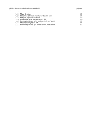 Aprenda Matlab 7.0 como si estuviera en Primero página iv
9.2.1. Mapas de colores 125
9.2.2. Imágenes y gráficos en pseudocolor. Función caxis 125
9.2.3. Dibujo de superficies faceteadas 126
9.2.4. Otras formas de las funciones mesh y surf 126
9.2.5. Formas paramétricas de las funciones mesh, surf y pcolor 127
9.2.6. Otras funciones gráficas 3D 127
9.2.7. Elementos generales: ejes, puntos de vista, líneas ocultas, ... 128
 