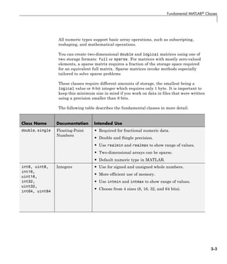 Fundamental MATLAB® Classes
All numeric types support basic array operations, such as subscripting,
reshaping, and mathematical operations.
You can create two-dimensional double and logical matrices using one of
two storage formats: full or sparse. For matrices with mostly zero-valued
elements, a sparse matrix requires a fraction of the storage space required
for an equivalent full matrix. Sparse matrices invoke methods especially
tailored to solve sparse problems
These classes require different amounts of storage, the smallest being a
logical value or 8-bit integer which requires only 1 byte. It is important to
keep this minimum size in mind if you work on data in files that were written
using a precision smaller than 8 bits.
The following table describes the fundamental classes in more detail.
Class Name Documentation Intended Use
double, single Floating-Point
Numbers
• Required for fractional numeric data.
• Double and Single precision.
• Use realmin and realmax to show range of values.
• Two-dimensional arrays can be sparse.
• Default numeric type in MATLAB.
int8, uint8,
int16,
uint16,
int32,
uint32,
int64, uint64
Integers • Use for signed and unsigned whole numbers.
• More efficient use of memory.
• Use intmin and intmax to show range of values.
• Choose from 4 sizes (8, 16, 32, and 64 bits).
3-3
 