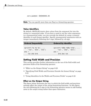 6 Characters and Strings
zero-padded: 000000005.20
Note You can specify more than one flag in a formatting operator.
Value Identifiers
By default, MATLAB inserts data values from the argument list into the
string in a sequential order. If you have a need to use the value arguments
in a nonsequential order, you can override the default by using a numeric
identifier in each format specifier. Specify nonsequential arguments with an
integer immediately following the % sign, followed by a $ sign.
Ordered Sequentially Ordered By Identifier
sprintf('%s %s %s', ...
'1st', '2nd', '3rd')
ans =
1st 2nd 3rd
sprintf('%3$s %2$s %1$s', ...
'1st', '2nd', '3rd')
ans =
3rd 2nd 1st
Setting Field Width and Precision
This section provides further information on the use of the field width and
precision fields of the formatting operator:
• “Effect on the Output String” on page 6-20
• “Specifying Field Width and Precision Outside the format String” on page
6-21
• “Using Identifiers In the Width and Precision Fields” on page 6-22
Effect on the Output String
The figure below illustrates the way in which the field width and precision
settings affect the output of the string formatting functions. In this figure,
the zero following the % sign in the formatting operator means to add leading
zeros to the output string rather than space characters:
6-20
 