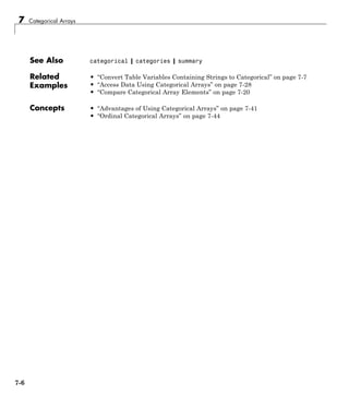 7 Categorical Arrays
See Also categorical | categories | summary
Related
Examples
• “Convert Table Variables Containing Strings to Categorical” on page 7-7
• “Access Data Using Categorical Arrays” on page 7-28
• “Compare Categorical Array Elements” on page 7-20
Concepts • “Advantages of Using Categorical Arrays” on page 7-41
• “Ordinal Categorical Arrays” on page 7-44
7-6
 