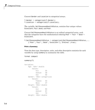 7 Categorical Arrays
Convert Gender and Location to categorical arrays.
T.Gender = categorical(T.Gender);
T.Location = categorical(T.Location);
The variable, SelfAssessedHealthStatus, contains four unique values:
Excellent, Fair, Good, and Poor.
Convert SelfAssessedHealthStatus to an ordinal categorical array, such
that the categories have the mathematical ordering Poor < Fair < Good <
Excellent.
T.SelfAssessedHealthStatus = categorical(SelfAssessedHealthStatus,...
{'Poor','Fair','Good','Excellent'},'Ordinal',true);
Print a Summary
View the data type, description, units, and other descriptive statistics for each
variable by using summary to summarize the table.
format compact
summary(T)
Variables:
Age: 100x1 double
Values:
min 25
median 39
max 50
Gender: 100x1 categorical
Values:
Female 53
Male 47
Height: 100x1 double
Values:
min 60
median 67
max 72
Weight: 100x1 double
7-8
 