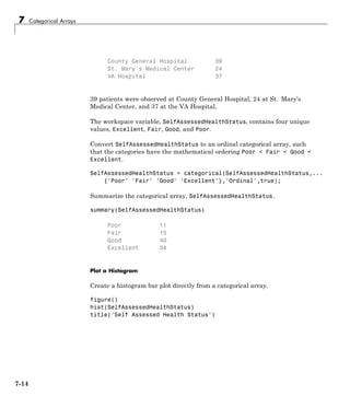 7 Categorical Arrays
County General Hospital 39
St. Mary's Medical Center 24
VA Hospital 37
39 patients were observed at County General Hospital, 24 at St. Mary’s
Medical Center, and 37 at the VA Hospital.
The workspace variable, SelfAssessedHealthStatus, contains four unique
values, Excellent, Fair, Good, and Poor.
Convert SelfAssessedHealthStatus to an ordinal categorical array, such
that the categories have the mathematical ordering Poor < Fair < Good <
Excellent.
SelfAssessedHealthStatus = categorical(SelfAssessedHealthStatus,...
{'Poor' 'Fair' 'Good' 'Excellent'},'Ordinal',true);
Summarize the categorical array, SelfAssessedHealthStatus.
summary(SelfAssessedHealthStatus)
Poor 11
Fair 15
Good 40
Excellent 34
Plot a Histogram
Create a histogram bar plot directly from a categorical array.
figure()
hist(SelfAssessedHealthStatus)
title('Self Assessed Health Status')
7-14
 