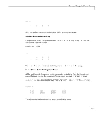 Compare Categorical Array Elements
ans =
1 0 1 1
Only the values in the second column differ between the rows.
Compare Entire Array to String
Compare the entire categorical array, colors, to the string 'blue' to find the
location of all blue values.
colors == 'blue'
ans =
1 0 0 1
1 0 0 1
There are four blue entries in colors, one in each corner of the array.
Convert to an Ordinal Categorical Array
Add a mathematical ordering to the categories in colors. Specify the category
order that represents the ordering of color spectrum, red < green < blue.
colors = categorical(colors,{'red','green' 'blue'},'Ordinal',true)
colors =
blue red green blue
blue green green blue
The elements in the categorical array remain the same.
7-21
 