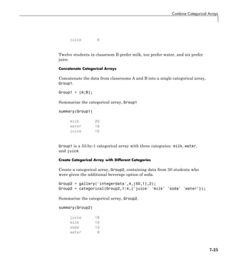 Combine Categorical Arrays
juice 6
Twelve students in classroom B prefer milk, ten prefer water, and six prefer
juice.
Concatenate Categorical Arrays
Concatenate the data from classrooms A and B into a single categorical array,
Group1.
Group1 = [A;B];
Summarize the categorical array, Group1
summary(Group1)
milk 20
water 18
juice 15
Group1 is a 53-by-1 categorical array with three categories: milk, water,
and juice.
Create Categorical Array with Different Categories
Create a categorical array, Group2, containing data from 50 students who
were given the additional beverage option of soda.
Group2 = gallery('integerdata',4,[50,1],2);
Group2 = categorical(Group2,1:4,{'juice' 'milk' 'soda' 'water'});
Summarize the categorical array, Group2.
summary(Group2)
juice 18
milk 10
soda 13
water 9
7-25
 