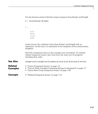 Combine Categorical Arrays
Use the function union to find the unique responses from Group1 and Group2.
C = union(Group1,Group2)
C =
milk
water
juice
soda
union returns the combined values from Group1 and Group2 with no
repetitions. In this case, C is equivalent to the categories of the concatenation,
students.
All of the categorical arrays in this example were nonordinal. To combine
ordinal categorical arrays, they must have the same sets of categories
including their order.
See Also categorical | categories | summary | union | cat | horzcat | vertcat
Related
Examples
• “Create Categorical Arrays” on page 7-2
• “Convert Table Variables Containing Strings to Categorical” on page 7-7
• “Access Data Using Categorical Arrays” on page 7-28
Concepts • “Ordinal Categorical Arrays” on page 7-44
7-27
 