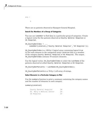 7 Categorical Arrays
ans =
0
There are no patients observed at Rampart General Hospital.
Search for Members of a Group of Categories
You can use ismember to find data in a particular group of categories. Create
a logical vector for the patients observed at County General Hospital or
VA Hospital.
VA_CountyGenIndex = ...
ismember(Location,{'County General Hospital','VA Hospital'});
VA_CountyGenIndex is a 100-by-1 logical array containing logical true
(1) for each element in the categorical array Location that is a member
of the category County General Hospital or VA Hospital. The output,
VA_CountyGenIndex contains 76 nonzero elements.
Use the logical vector, VA_CountyGenIndex to select the LastName of the
patients observed at either County General Hospital or VA Hospital.
VA_CountyGenPatients = LastName(VA_CountyGenIndex);
VA_CountyGenPatients is a 76-by-1 cell array of strings.
Select Elements in a Particular Category to Plot
Use the summary function to print a summary containing the category names
and the number of elements in each category.
summary(Location)
County General Hospital 39
St. Mary's Medical Center 24
VA Hospital 37
7-30
 