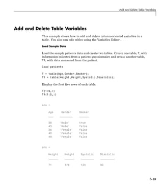 Add and Delete Table Variables
Add and Delete Table Variables
This example shows how to add and delete column-oriented variables in a
table. You also can edit tables using the Variables Editor.
Load Sample Data
Load the sample patients data and create two tables. Create one table, T, with
information collected from a patient questionnaire and create another table,
T1, with data measured from the patient.
load patients
T = table(Age,Gender,Smoker);
T1 = table(Height,Weight,Systolic,Diastolic);
Display the first five rows of each table.
T(1:5,:)
T1(1:5,:)
ans =
Age Gender Smoker
___ ________ ______
38 'Male' true
43 'Male' false
38 'Female' false
40 'Female' false
49 'Female' false
ans =
Height Weight Systolic Diastolic
______ ______ ________ _________
71 176 124 93
8-13
 