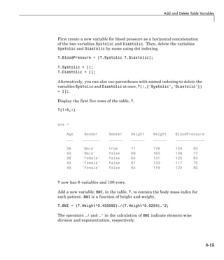 Add and Delete Table Variables
First create a new variable for blood pressure as a horizontal concatenation
of the two variables Systolic and Diastolic. Then, delete the variables
Systolic and Diastolic by name using dot indexing.
T.BloodPressure = [T.Systolic T.Diastolic];
T.Systolic = [];
T.Diastolic = [];
Alternatively, you can also use parentheses with named indexing to delete the
variables Systolic and Diastolic at once, T(:,{'Systolic','Diastolic'})
= [];.
Display the first five rows of the table, T.
T(1:5,:)
ans =
Age Gender Smoker Height Weight BloodPressure
___ ________ ______ ______ ______ _____________
38 'Male' true 71 176 124 93
43 'Male' false 69 163 109 77
38 'Female' false 64 131 125 83
40 'Female' false 67 133 117 75
49 'Female' false 64 119 122 80
T now has 6 variables and 100 rows.
Add a new variable, BMI, in the table, T, to contain the body mass index for
each patient. BMI is a function of height and weight.
T.BMI = (T.Weight*0.453592)./(T.Height*0.0254).^2;
The operators ./ and .^ in the calculation of BMI indicate element-wise
division and exponentiation, respectively.
8-15
 