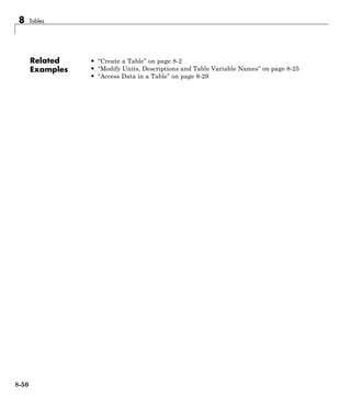 8 Tables
Related
Examples
• “Create a Table” on page 8-2
• “Modify Units, Descriptions and Table Variable Names” on page 8-25
• “Access Data in a Table” on page 8-29
8-50
 