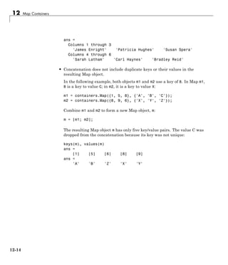 12 Map Containers
ans =
Columns 1 through 3
'James Enright' 'Patricia Hughes' 'Susan Spera'
Columns 4 through 6
'Sarah Latham' 'Carl Haynes' 'Bradley Reid'
• Concatenation does not include duplicate keys or their values in the
resulting Map object.
In the following example, both objects m1 and m2 use a key of 8. In Map m1,
8 is a key to value C; in m2, it is a key to value X:
m1 = containers.Map({1, 5, 8}, {'A', 'B', 'C'});
m2 = containers.Map({8, 9, 6}, {'X', 'Y', 'Z'});
Combine m1 and m2 to form a new Map object, m:
m = [m1; m2];
The resulting Map object m has only five key/value pairs. The value C was
dropped from the concatenation because its key was not unique:
keys(m), values(m)
ans =
[1] [5] [6] [8] [9]
ans =
'A' 'B' 'Z' 'X' 'Y'
12-14
 