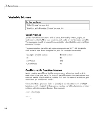 1 Syntax Basics
Variable Names
In this section...
“Valid Names” on page 1-8
“Conflicts with Function Names” on page 1-8
Valid Names
A valid variable name starts with a letter, followed by letters, digits, or
underscores. MATLAB is case sensitive, so A and a are not the same variable.
The maximum length of a variable name is the value that the namelengthmax
command returns.
You cannot define variables with the same names as MATLAB keywords,
such as if or end. For a complete list, run the iskeyword command.
Examples of valid names: Invalid names:
x6 6x
lastValue end
n_factorial n!
Conflicts with Function Names
Avoid creating variables with the same name as a function (such as i, j,
mode, char, size, and path). In general, variable names take precedence over
function names. If you create a variable that uses the name of a function, you
sometimes get unexpected results.
Check whether a proposed name is already in use with the exist or which
function. exist returns 0 if there are no existing variables, functions, or other
artifacts with the proposed name. For example:
exist checkname
ans =
0
1-8
 