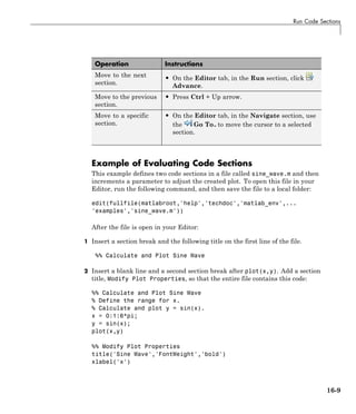 Run Code Sections
Operation Instructions
Move to the next
section.
• On the Editor tab, in the Run section, click
Advance.
Move to the previous
section.
• Press Ctrl + Up arrow.
Move to a specific
section.
• On the Editor tab, in the Navigate section, use
the Go To to move the cursor to a selected
section.
Example of Evaluating Code Sections
This example defines two code sections in a file called sine_wave.m and then
increments a parameter to adjust the created plot. To open this file in your
Editor, run the following command, and then save the file to a local folder:
edit(fullfile(matlabroot,'help','techdoc','matlab_env',...
'examples','sine_wave.m'))
After the file is open in your Editor:
1 Insert a section break and the following title on the first line of the file.
%% Calculate and Plot Sine Wave
2 Insert a blank line and a second section break after plot(x,y). Add a section
title, Modify Plot Properties, so that the entire file contains this code:
%% Calculate and Plot Sine Wave
% Define the range for x.
% Calculate and plot y = sin(x).
x = 0:1:6*pi;
y = sin(x);
plot(x,y)
%% Modify Plot Properties
title('Sine Wave','FontWeight','bold')
xlabel('x')
16-9
 