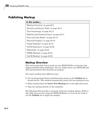 20 Presenting MATLAB® Code
Publishing Markup
In this section...
“Markup Overview” on page 20-8
“Sections and Section Titles” on page 20-11
“Text Formatting” on page 20-13
“Bulleted and Numbered Lists” on page 20-14
“Text and Code Blocks” on page 20-15
“External Graphics” on page 20-16
“Image Snapshot” on page 20-19
“LaTeX Equations” on page 20-20
“Hyperlinks” on page 20-22
“HTML Markup” on page 20-25
“LaTeX Markup” on page 20-26
Markup Overview
This section describes how to mark up your MATLAB files so that the code
appears polished when publishing. You can single-source your MATLAB code
with documentation that describes its purpose.
You insert markup three different ways:
• Use the formatting buttons and drop-down menus on the Publish tab to
format the file. This method automatically inserts the text markup for you.
• Select markup from the Insert Text Markup list in the right click menu.
• Type the markup directly in the comments.
The following table provides a summary of the text markup options. Refer to
this table if you are not using the MATLAB Editor, or if you do not want to
use the Publish tab to apply the markup.
20-8
 